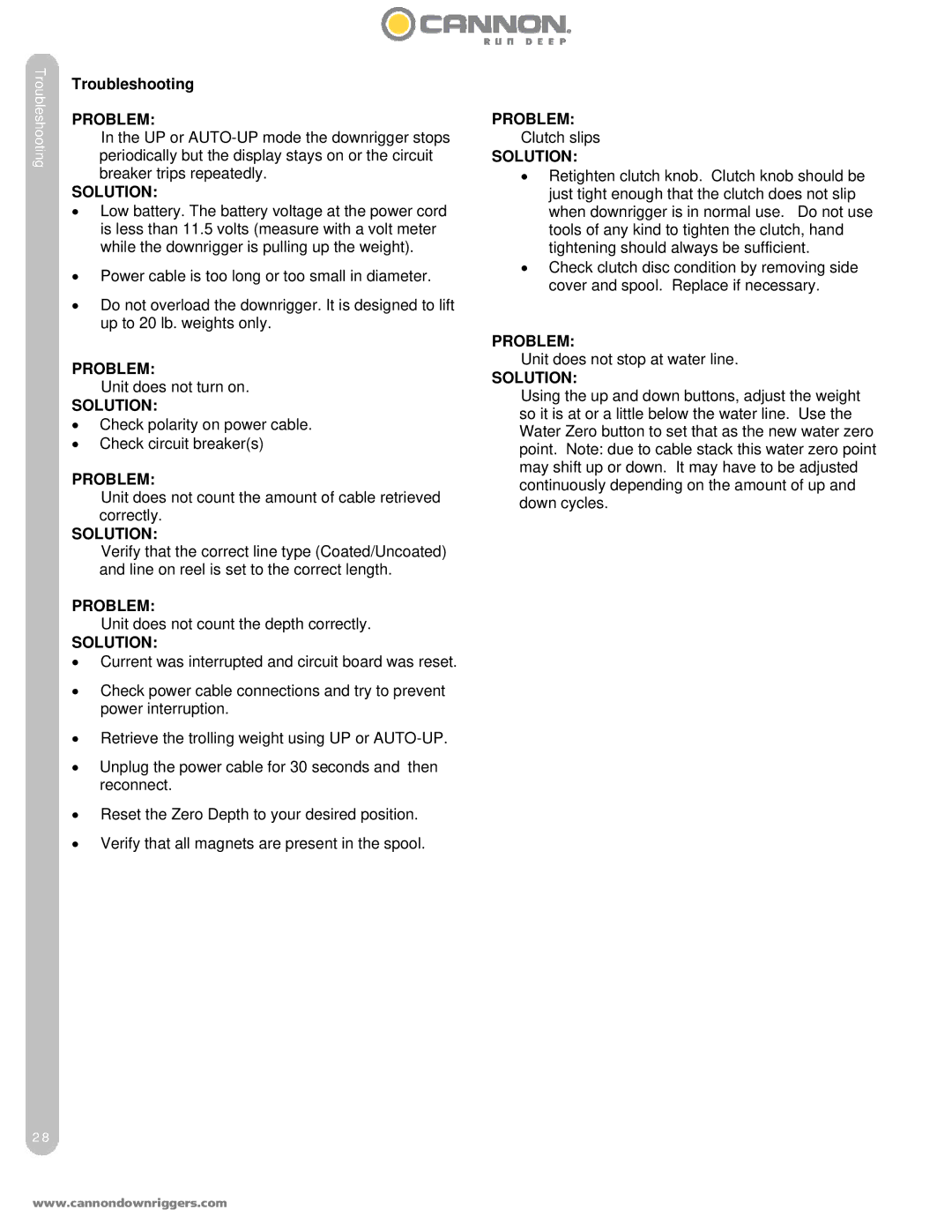 Cannon DIGI-TROLL 5 TS owner manual Troubleshooting, Problem, Solution 