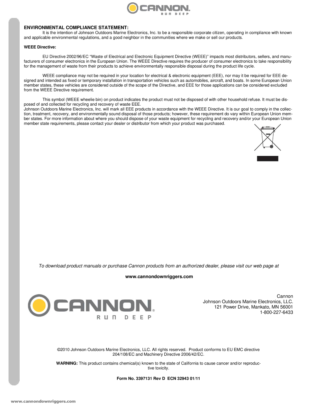 Cannon DIGI-TROLL 5 TS owner manual Environmental Compliance Statement 