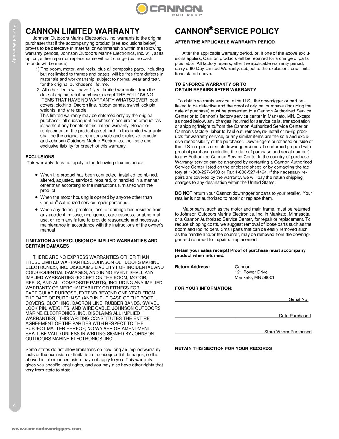 Cannon DIGI-TROLL 5 TS owner manual Cannon Limited Warranty 