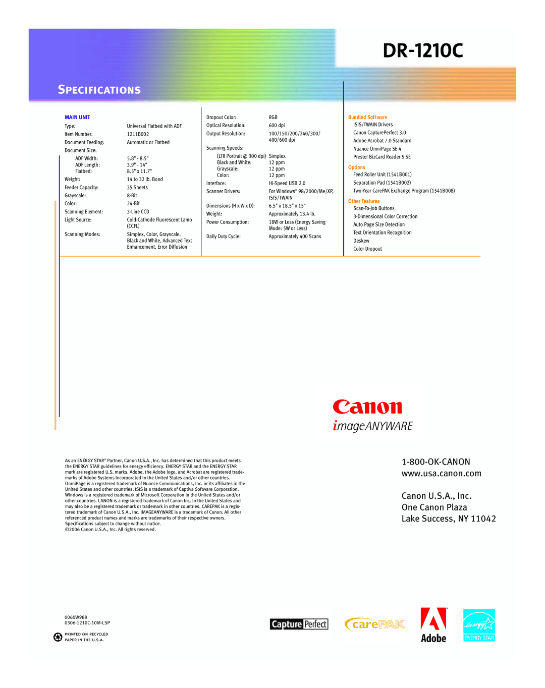 Cannon DR-1210C manual Specifications, Main Unit 