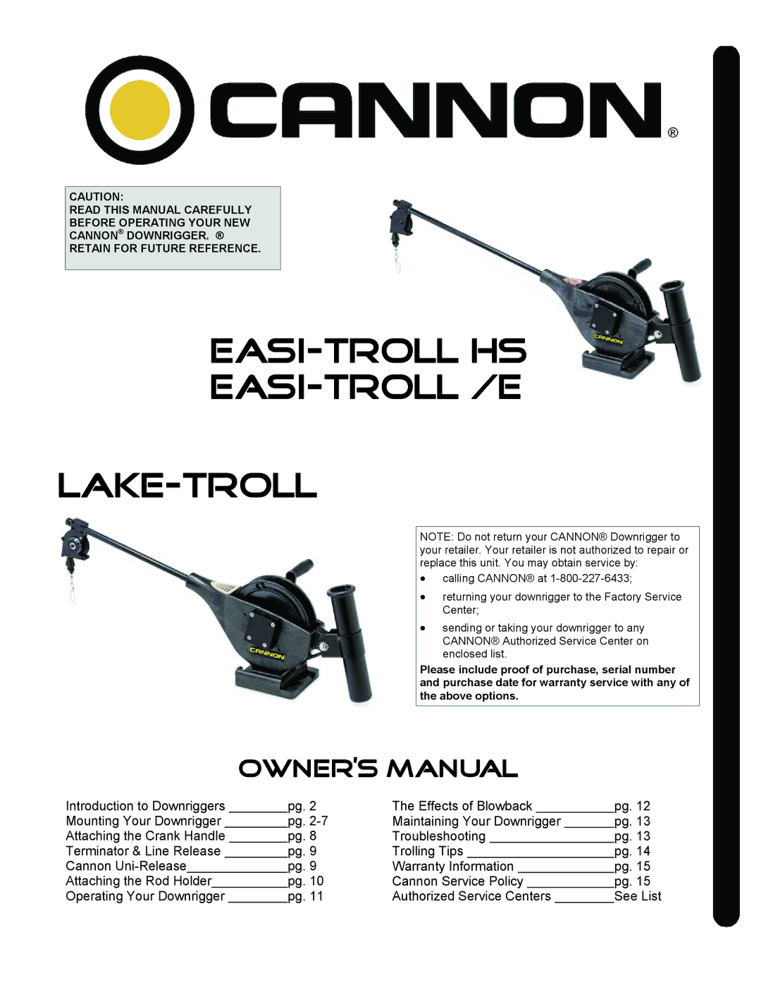 Cannon LAKE-TROLL, EASI-TROLL /E, EASI-TROLL HS owner manual Easi-Troll /E Lake-Troll 