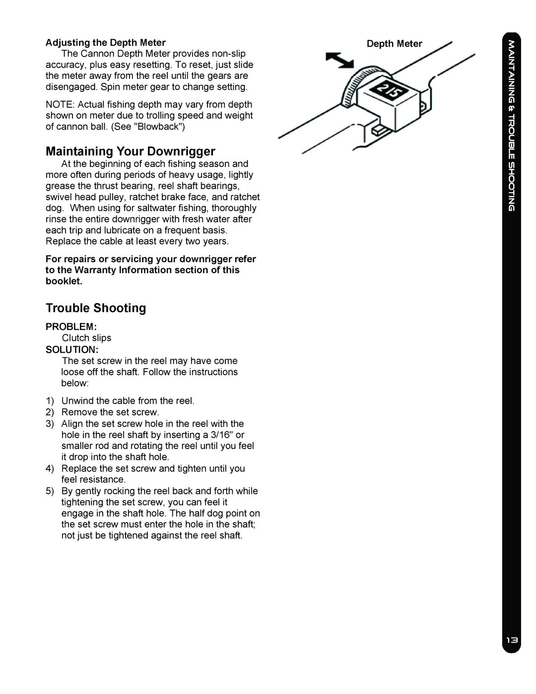 Cannon LAKE-TROLL, EASI-TROLL /E, EASI-TROLL HS Maintaining Your Downrigger, Trouble Shooting, Adjusting the Depth Meter 