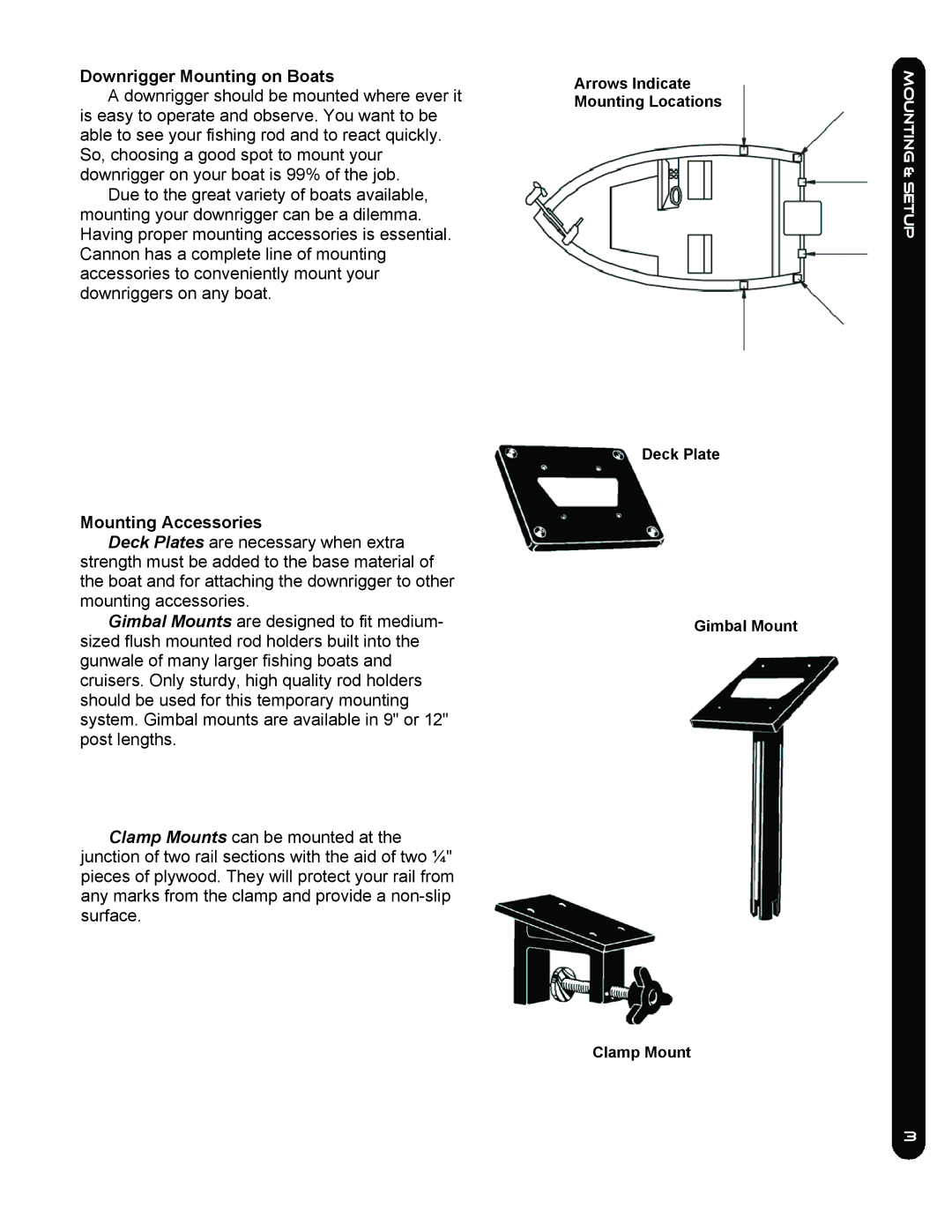 Cannon EASI-TROLL /E, LAKE-TROLL, EASI-TROLL HS owner manual Downrigger Mounting on Boats, Mounting Accessories 