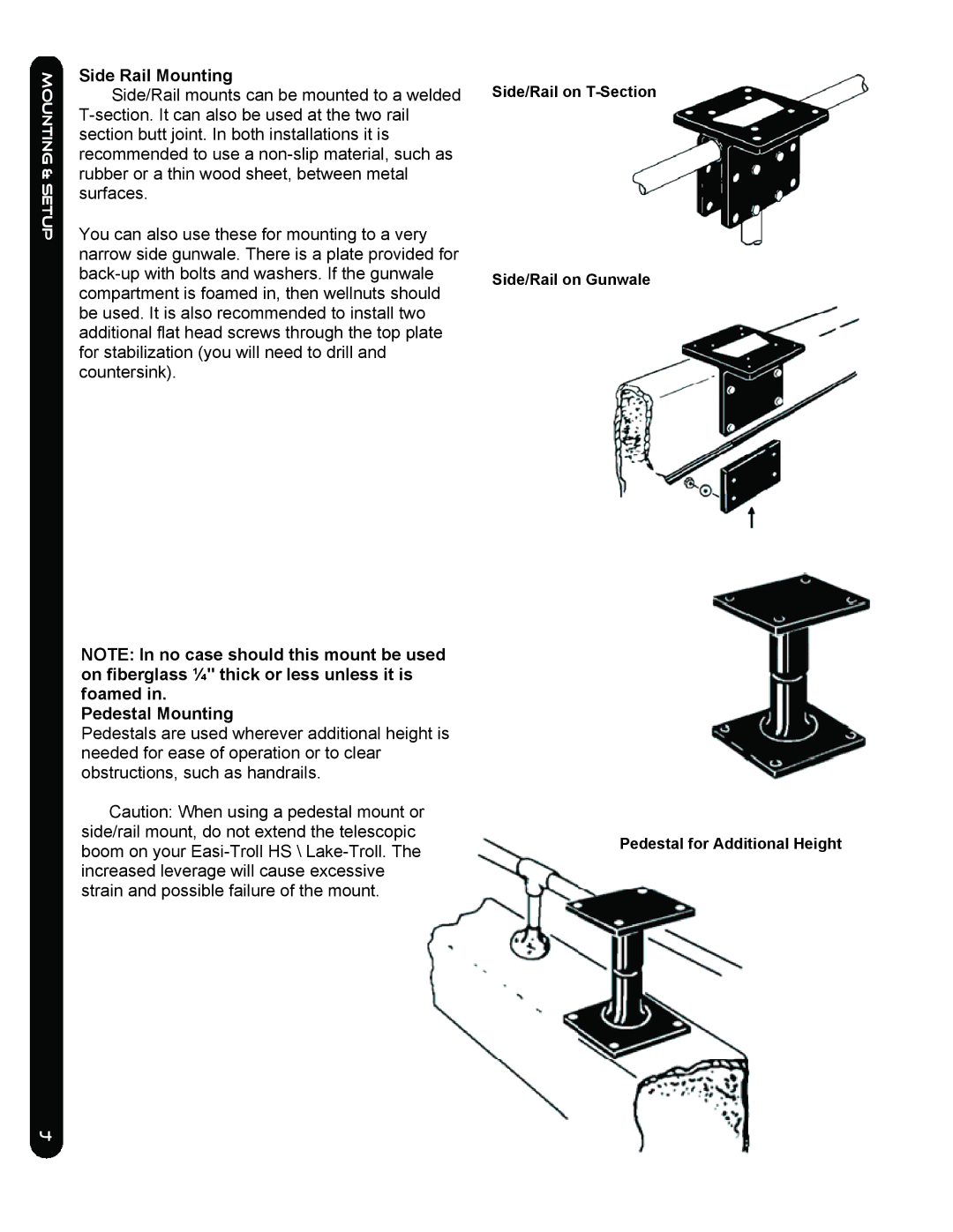 Cannon LAKE-TROLL, EASI-TROLL /E, EASI-TROLL HS owner manual Side Rail Mounting, Pedestal Mounting 