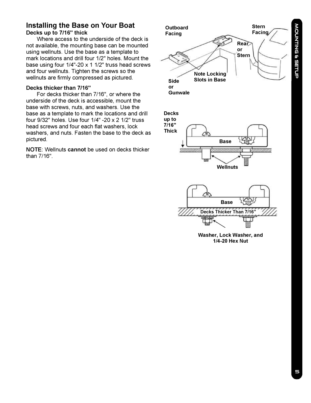 Cannon EASI-TROLL HS, EASI-TROLL /E Installing the Base on Your Boat, Decks up to 7/16 thick, Decks thicker than 7/16 