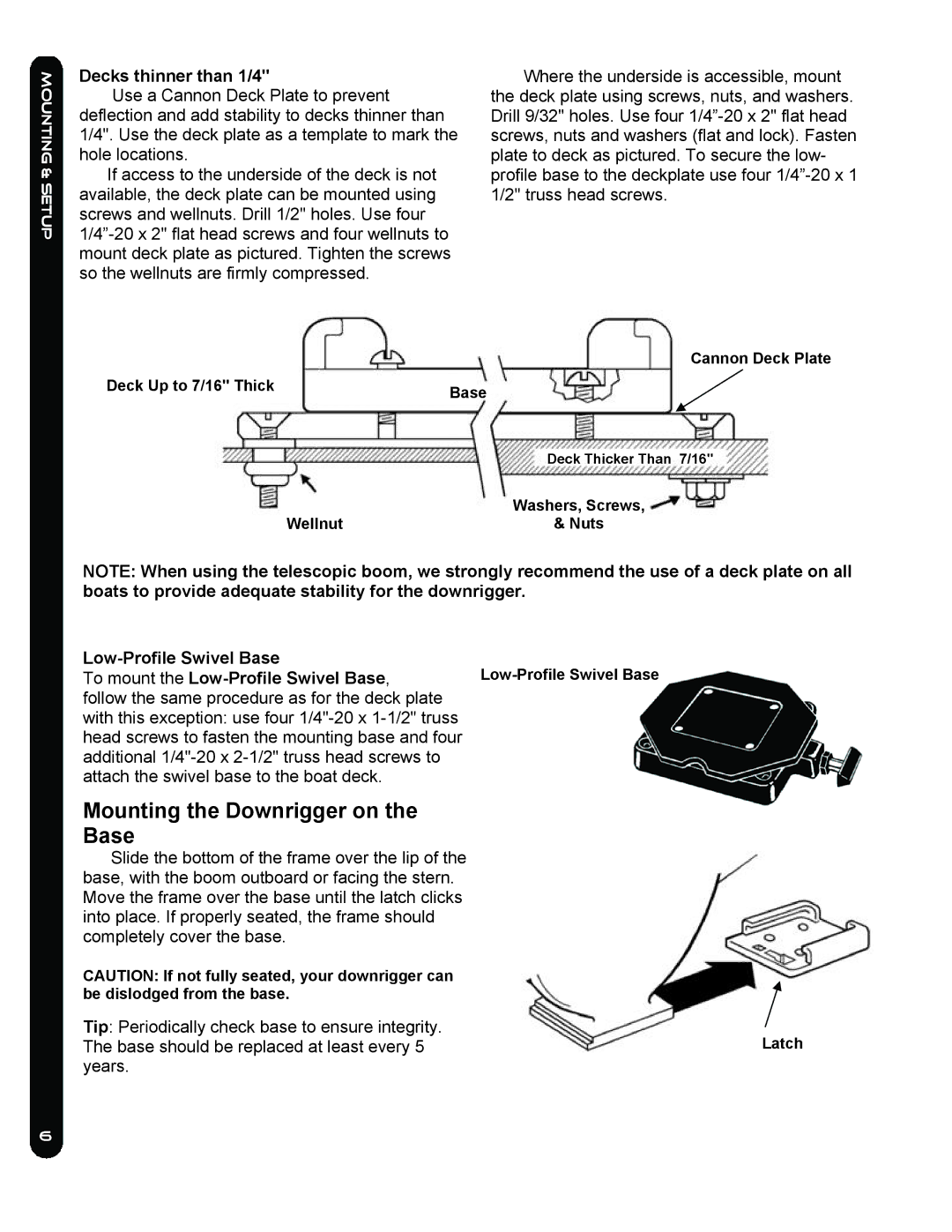 Cannon EASI-TROLL /E, LAKE-TROLL Mounting the Downrigger on Base, Decks thinner than 1/4, Low-Profile Swivel Base 