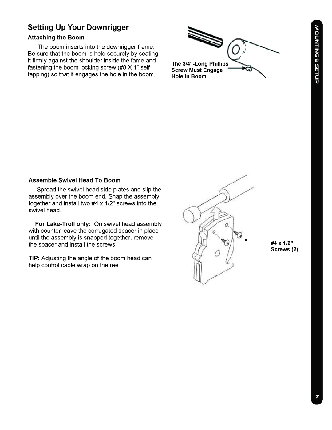 Cannon LAKE-TROLL, EASI-TROLL /E owner manual Setting Up Your Downrigger, Attaching the Boom, Assemble Swivel Head To Boom 