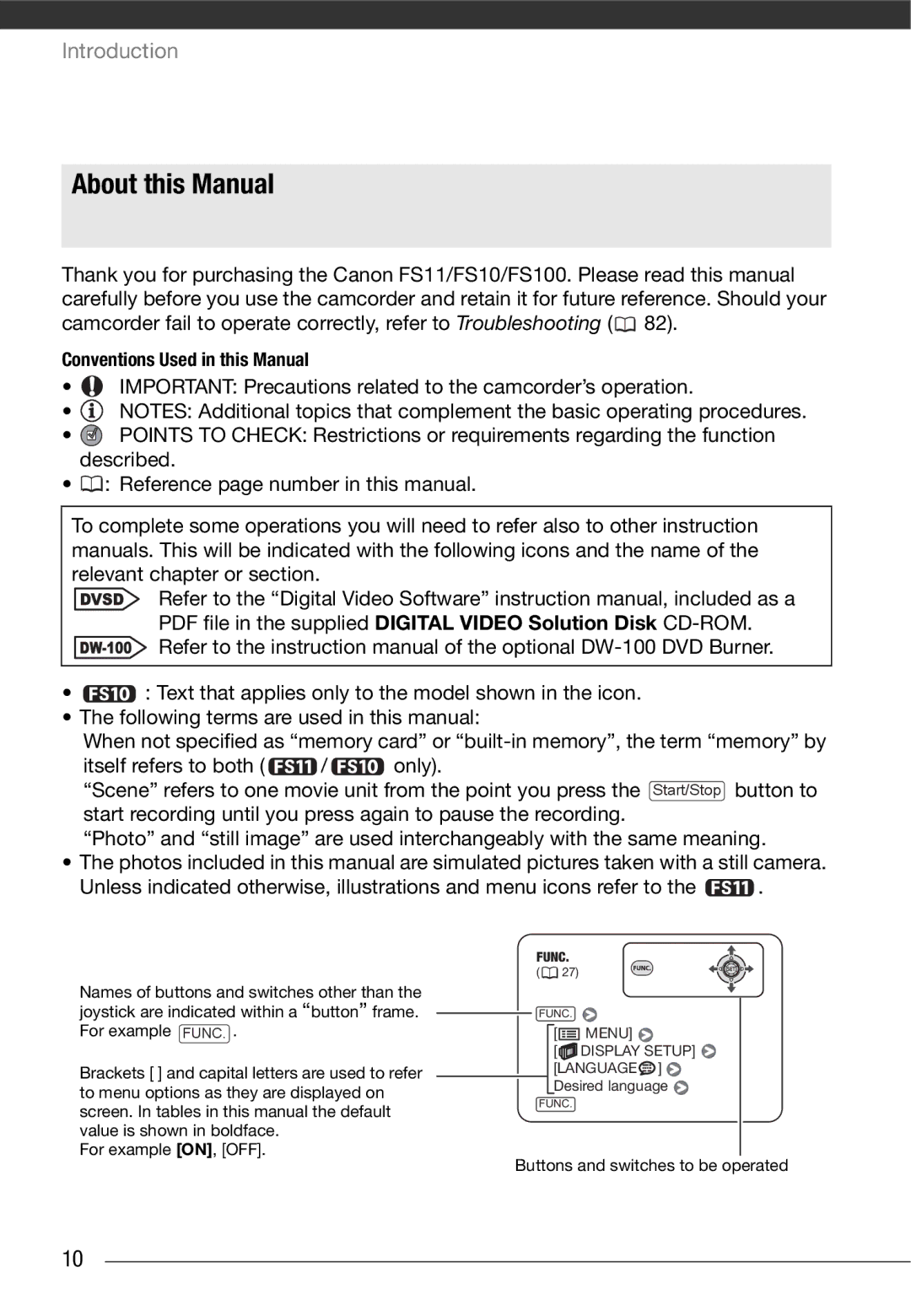 Cannon FS10/FS11/FS100 instruction manual About this Manual, Conventions Used in this Manual 