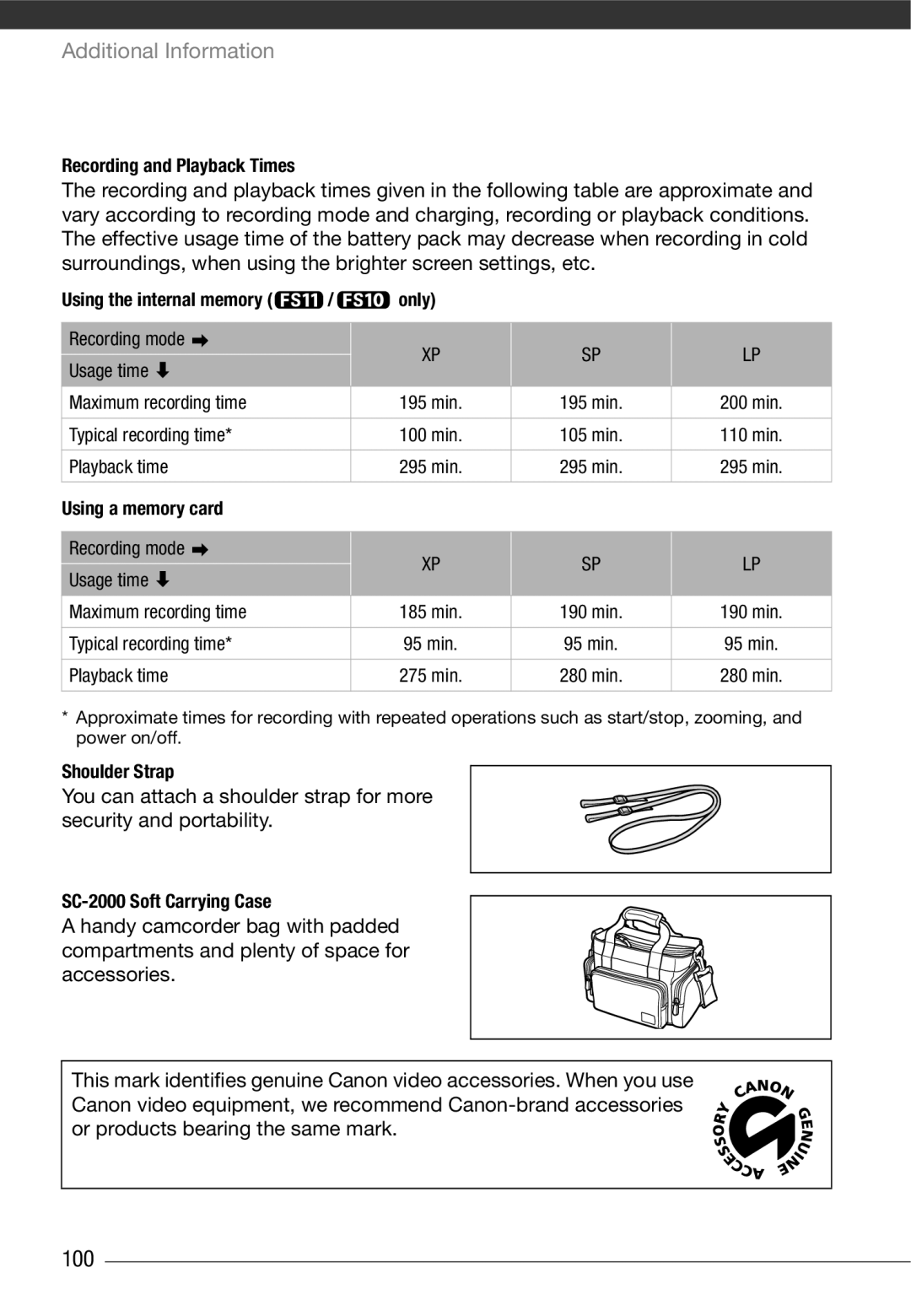 Cannon FS10/FS11/FS100 Recording and Playback Times, Only, Using a memory card, Shoulder Strap, SC-2000 Soft Carrying Case 