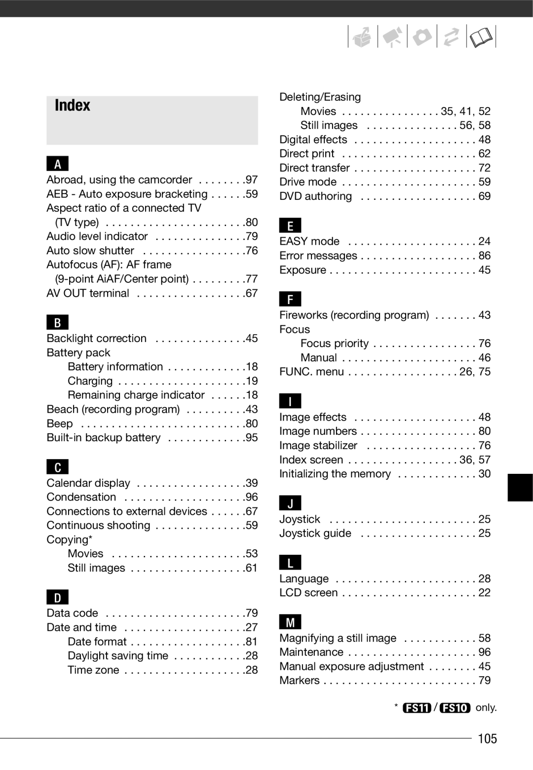 Cannon FS10/FS11/FS100 instruction manual Index, Deleting/Erasing, Fireworks recording program Focus 