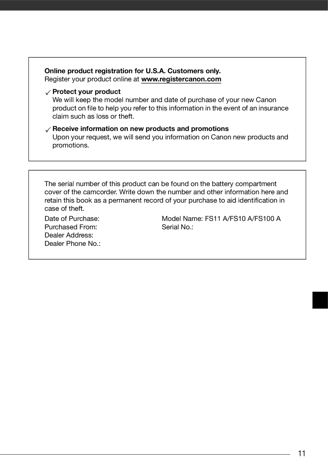 Cannon FS10/FS11/FS100 instruction manual Receive information on new products and promotions 