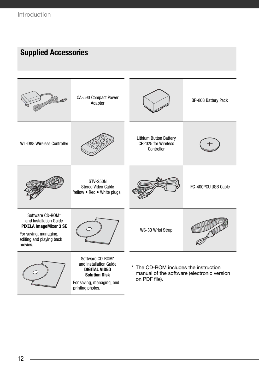 Cannon FS10/FS11/FS100 instruction manual Supplied Accessories, Digital Video 