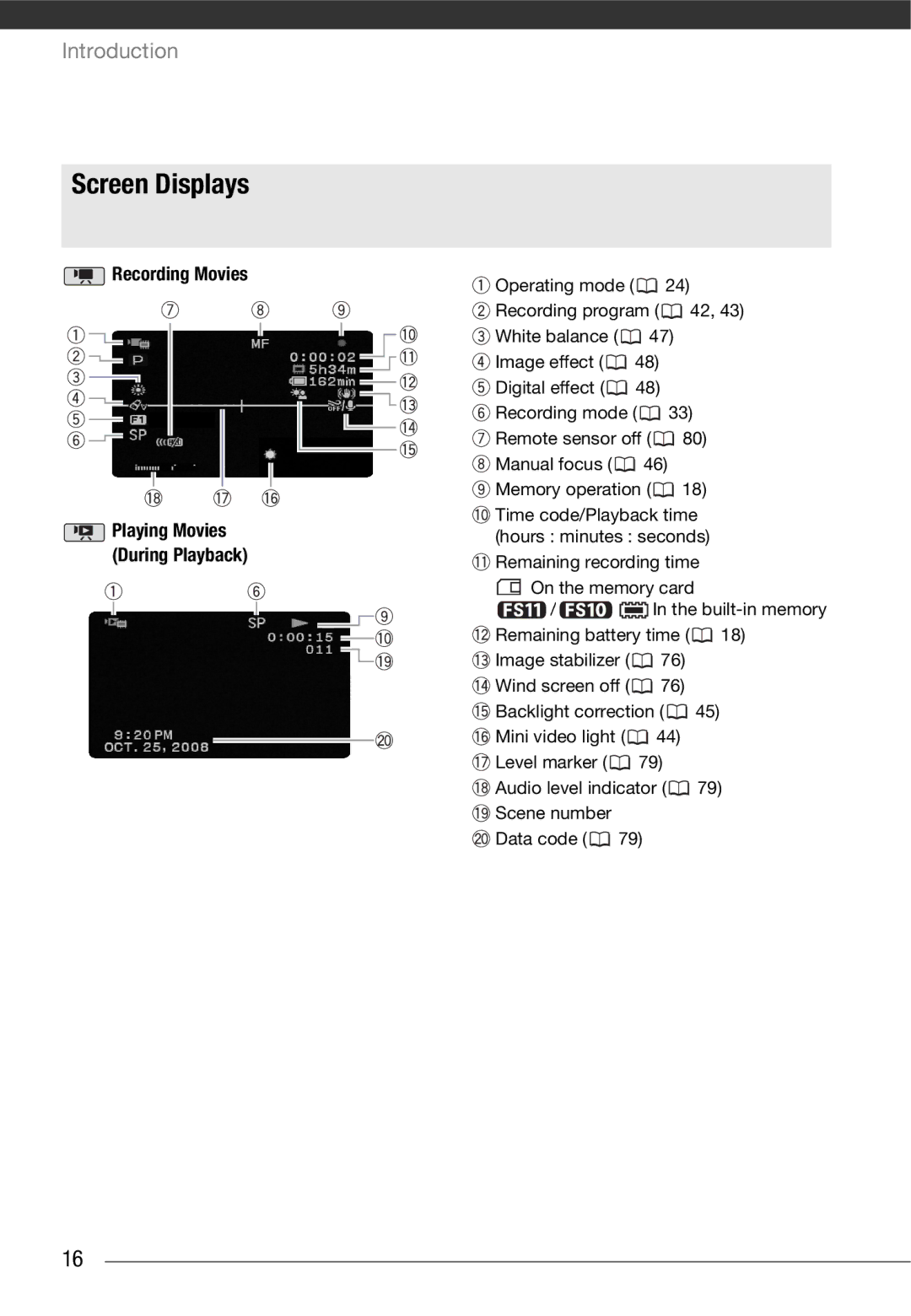 Cannon FS10/FS11/FS100 instruction manual Screen Displays, Recording Movies 