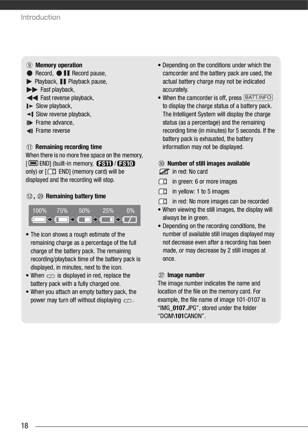 Cannon FS10/FS11/FS100 instruction manual Memory operation, Remaining recording time, Remaining battery time, Image number 