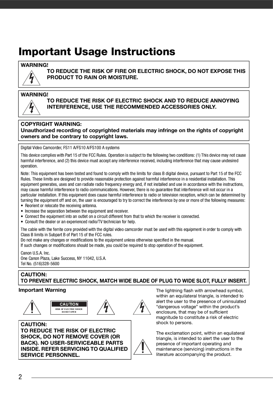 Cannon FS10/FS11/FS100 instruction manual Important Usage Instructions 