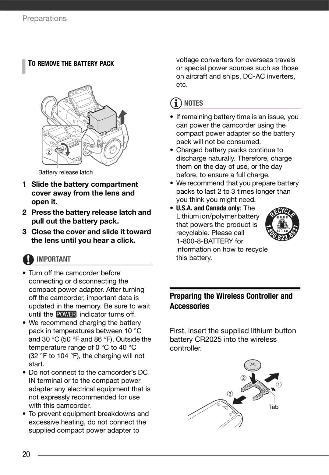 Cannon FS10/FS11/FS100 Preparing the Wireless Controller and Accessories, To Remove the Battery Pack, A. and Canada only 