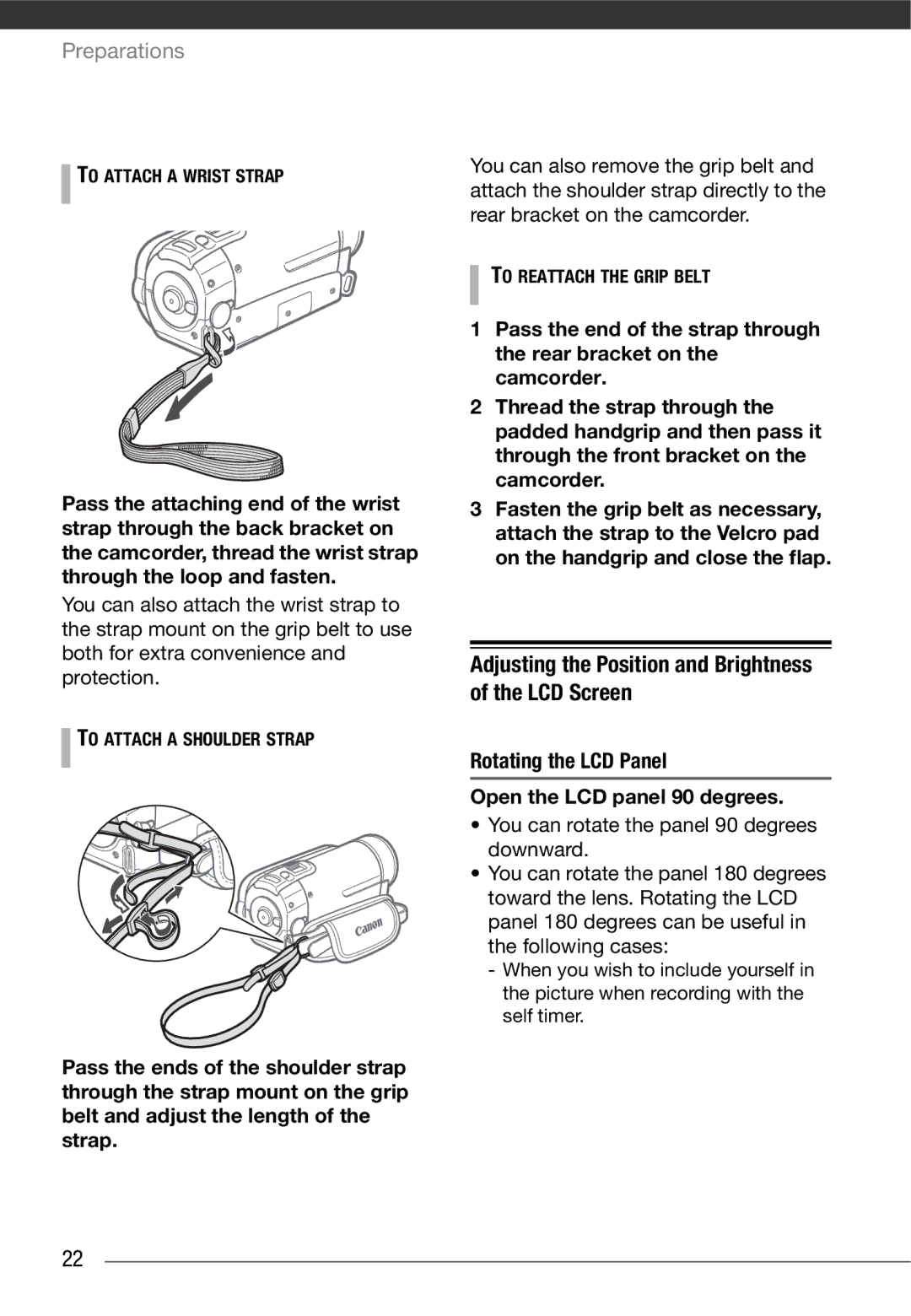 Cannon FS10/FS11/FS100 instruction manual Adjusting the Position and Brightness of the LCD Screen, To Attach a Wrist Strap 