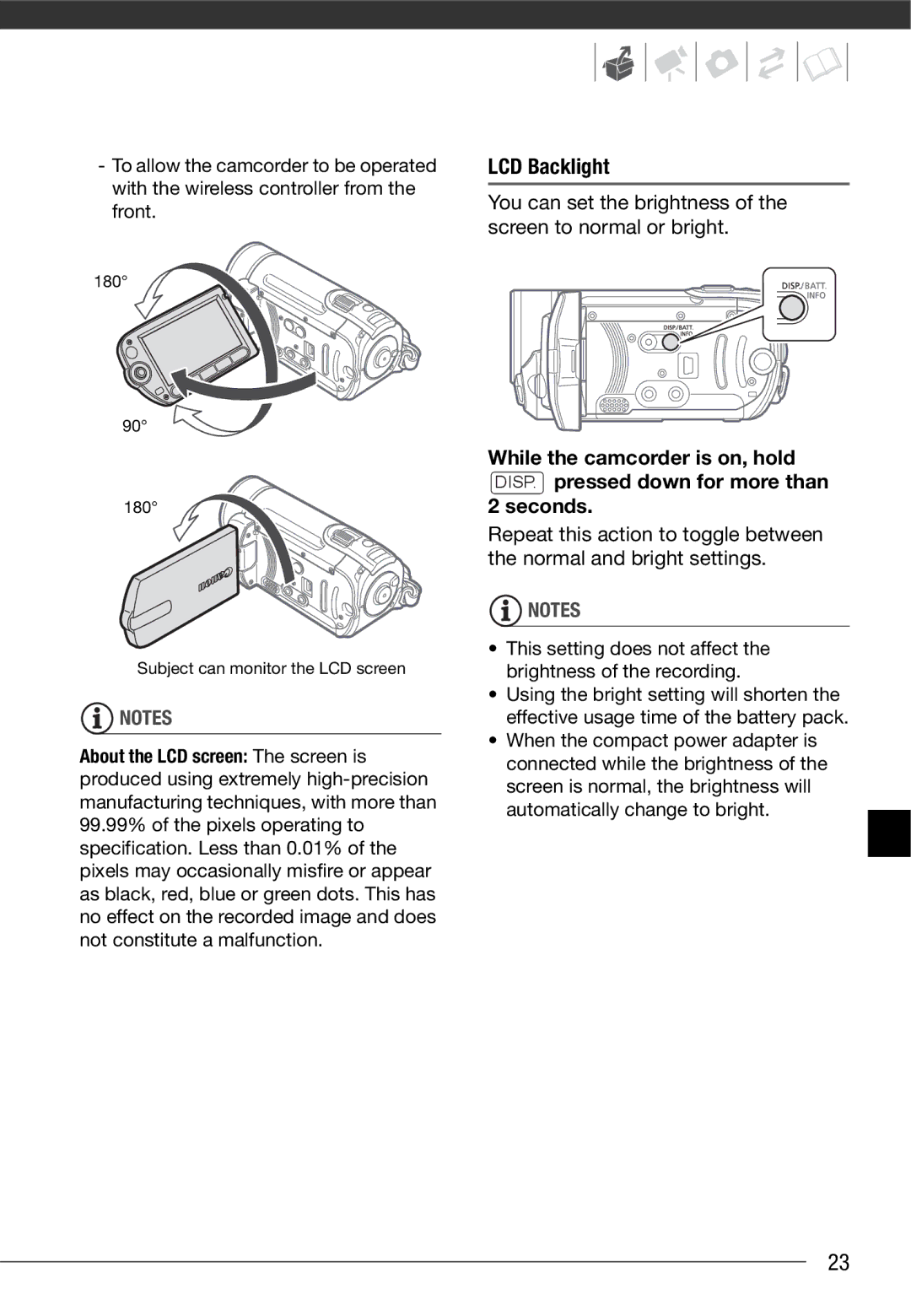 Cannon FS10/FS11/FS100 instruction manual LCD Backlight, You can set the brightness of the screen to normal or bright 