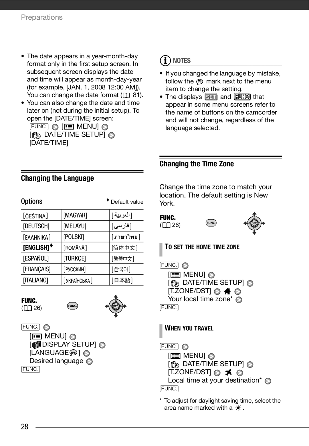 Cannon FS10/FS11/FS100 Changing the Language, Changing the Time Zone, FUNC. Menu, DATE/TIME Setup DATE/TIME 