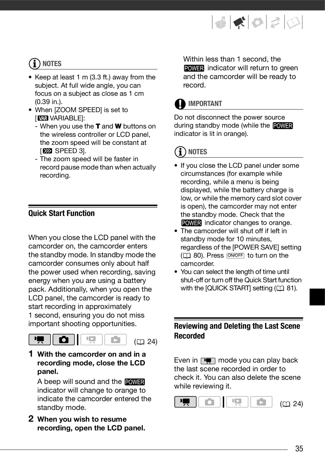 Cannon FS10/FS11/FS100 instruction manual Quick Start Function, Reviewing and Deleting the Last Scene Recorded, Variable 