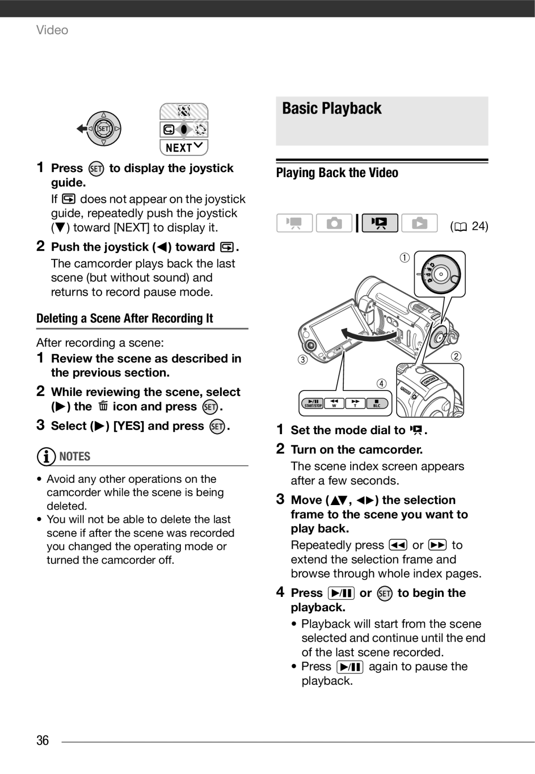 Cannon FS10/FS11/FS100 instruction manual Basic Playback, Playing Back the Video, Press to display the joystick guide 