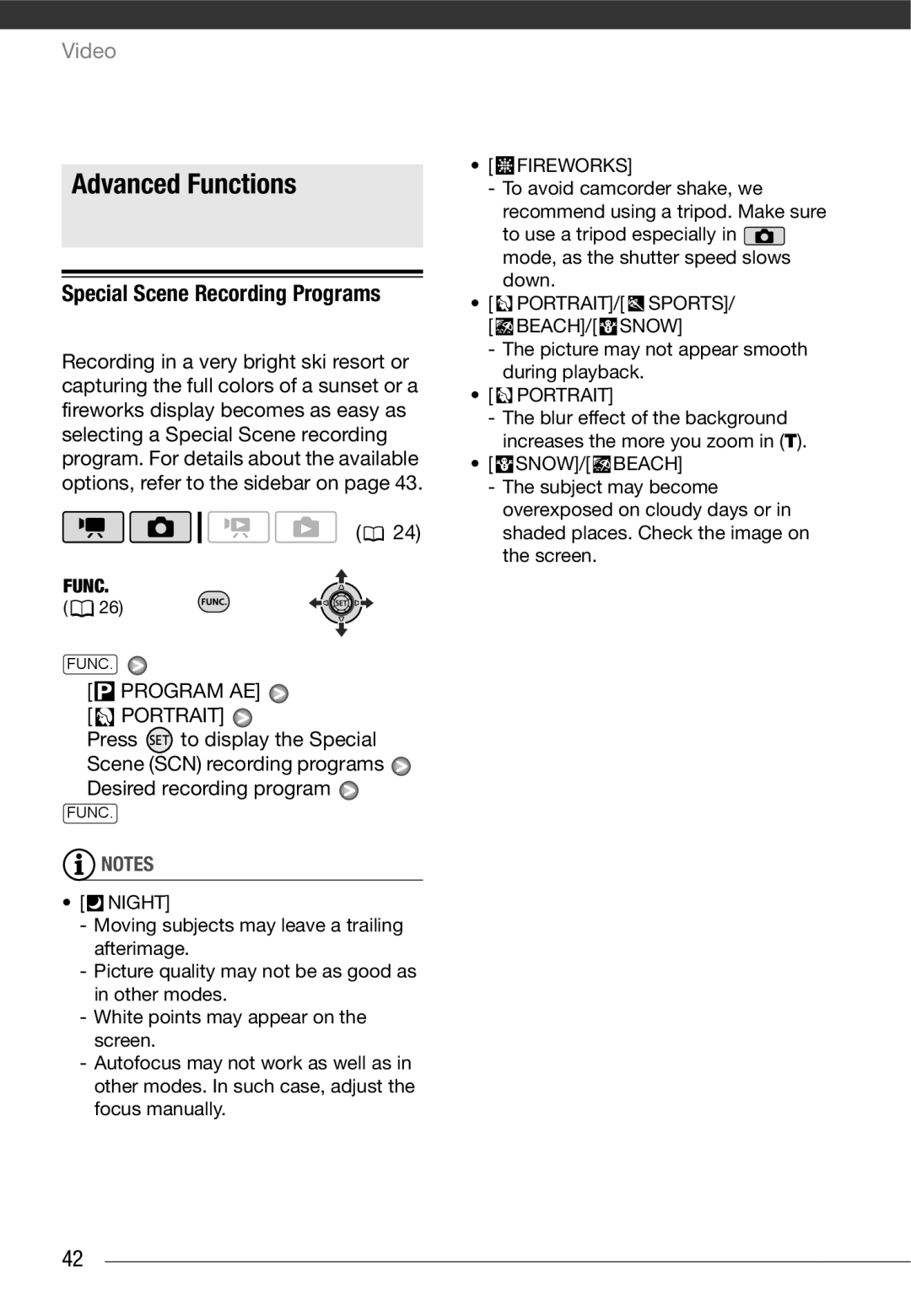 Cannon FS10/FS11/FS100 Advanced Functions, Special Scene Recording Programs, Program AE Portrait, Fireworks 