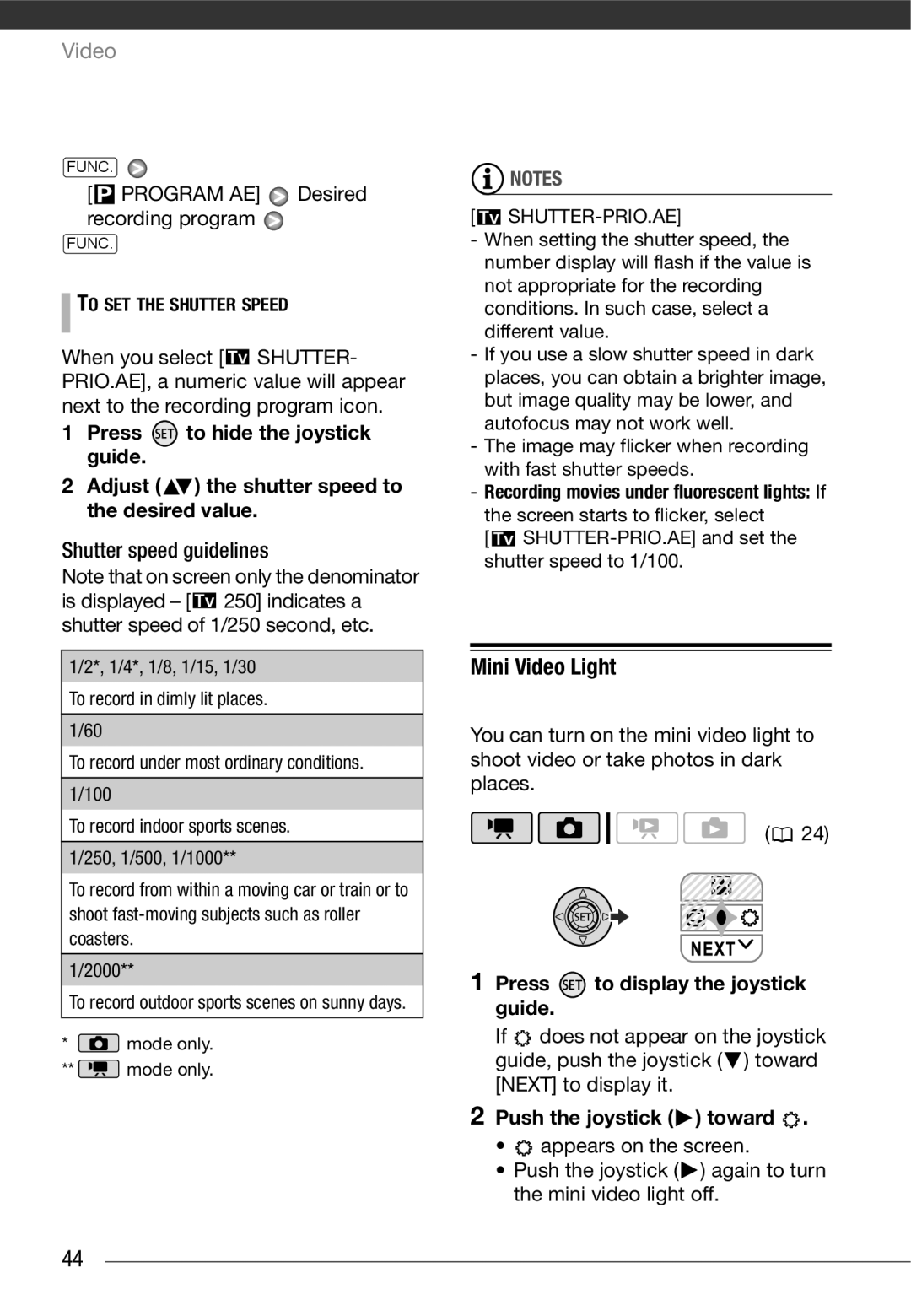 Cannon FS10/FS11/FS100 instruction manual Mini Video Light, Program AE Desired recording program, Shutter speed guidelines 