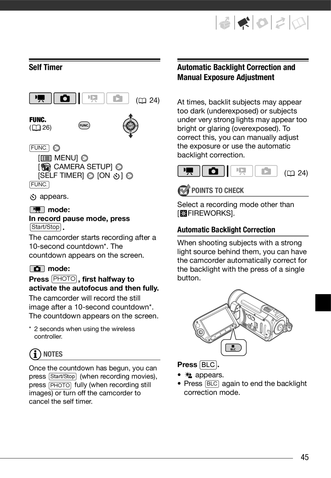 Cannon FS10/FS11/FS100 instruction manual Self Timer, Mode, Automatic Backlight Correction, Press BLC 