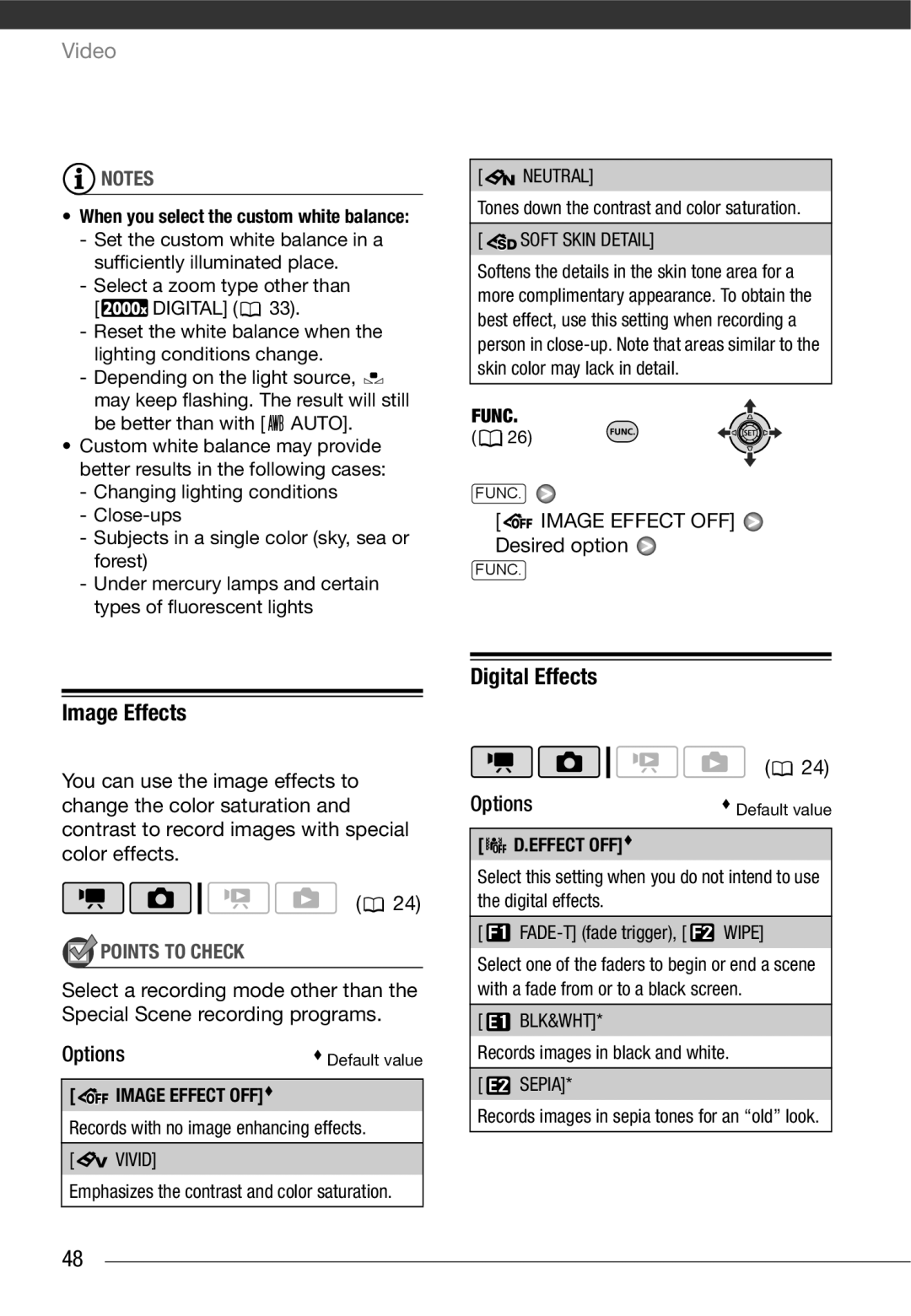 Cannon FS10/FS11/FS100 instruction manual Image Effects, Digital Effects, Image Effect OFF Desired option, Effect OFF 