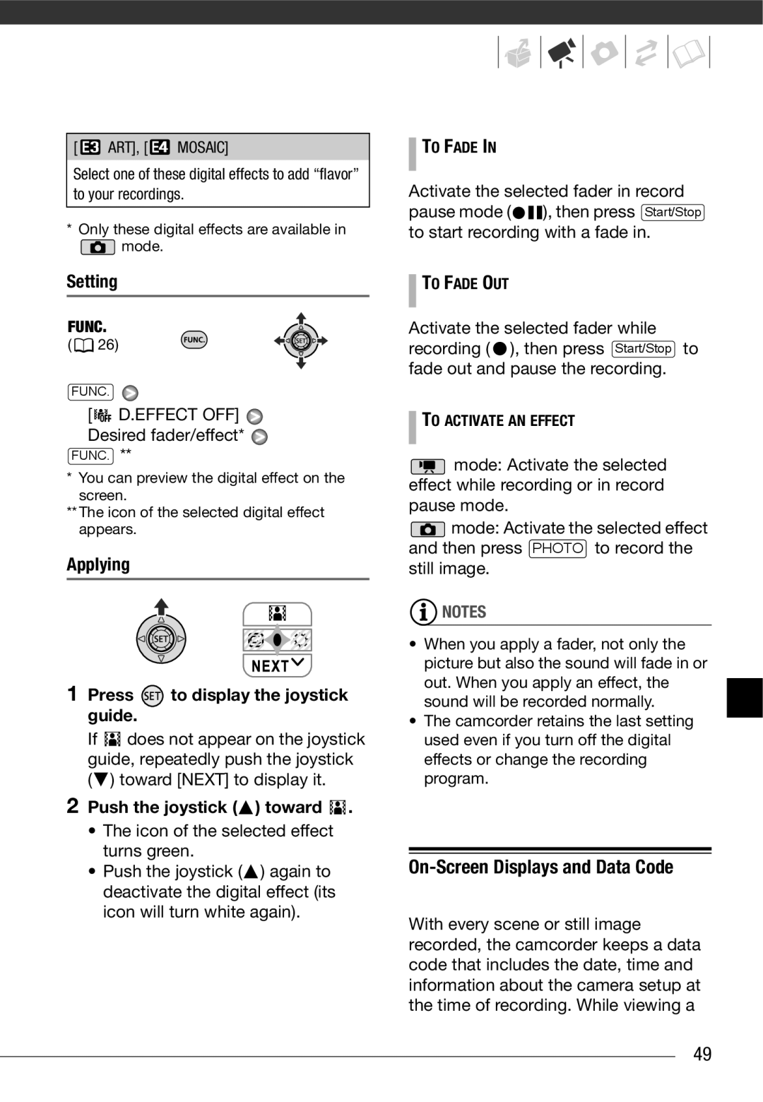 Cannon FS10/FS11/FS100 instruction manual On-Screen Displays and Data Code, Setting, Effect OFF Desired fader/effect 