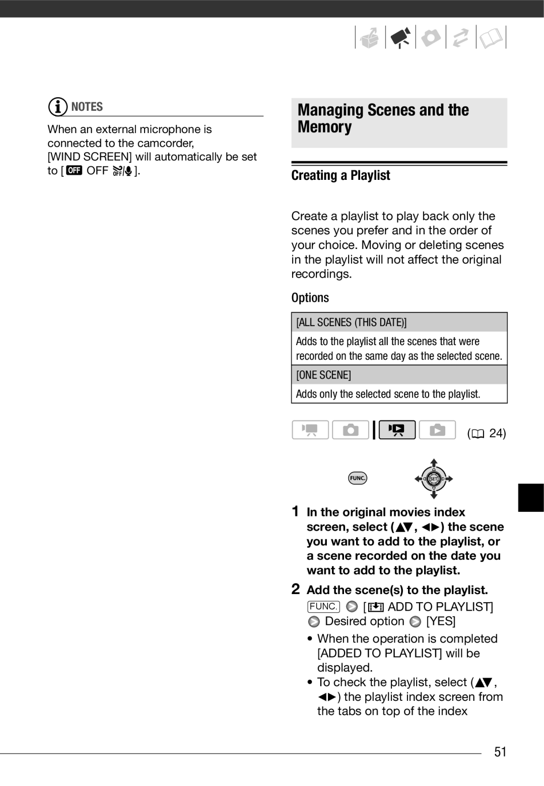 Cannon FS10/FS11/FS100 instruction manual Managing Scenes and the Memory, Creating a Playlist, Original movies index 