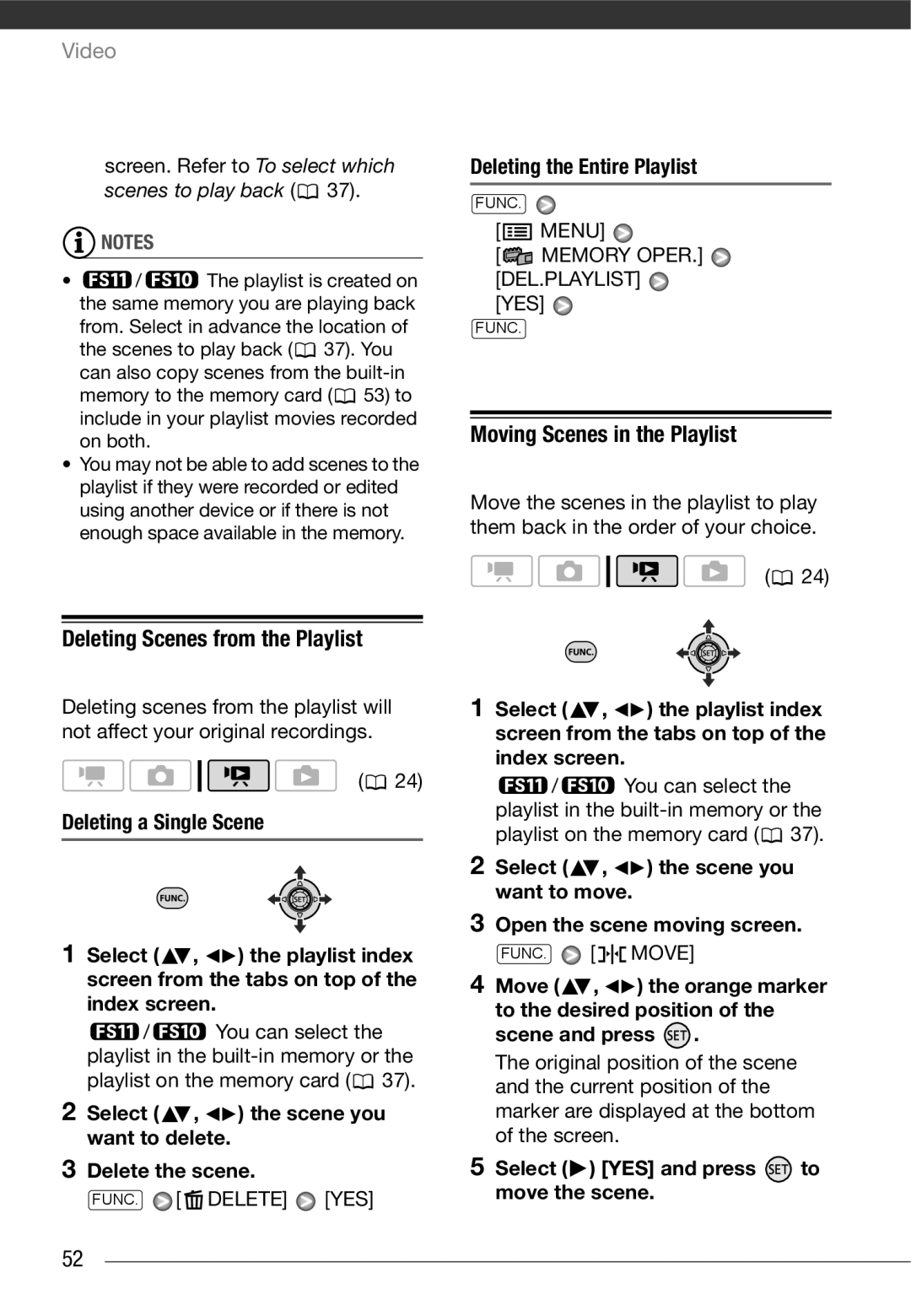 Cannon FS10/FS11/FS100 Deleting Scenes from the Playlist, Moving Scenes in the Playlist, Deleting the Entire Playlist 