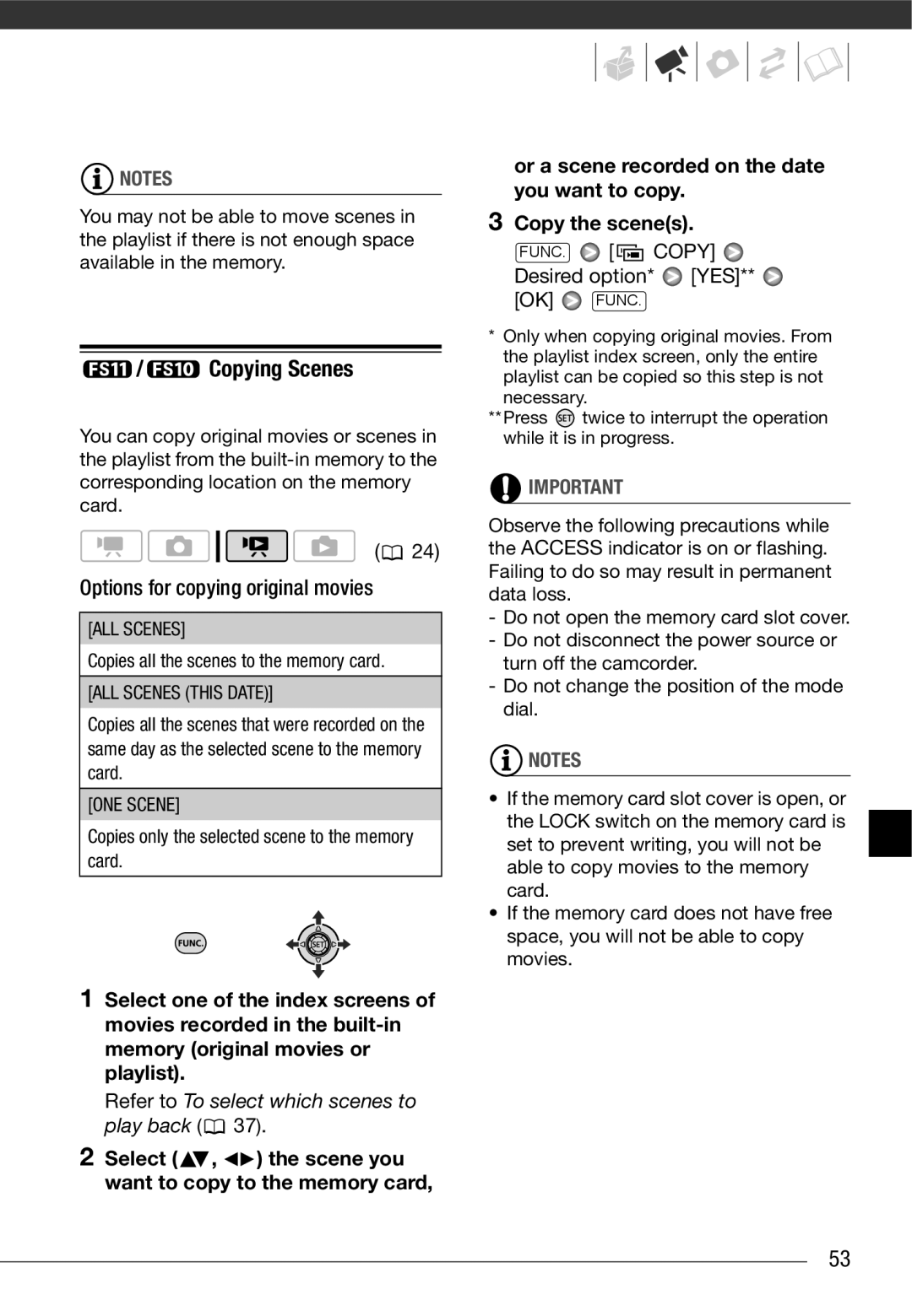 Cannon FS10/FS11/FS100 Copying Scenes, Options for copying original movies, FUNC. Copy Desired option* YES, ALL Scenes 