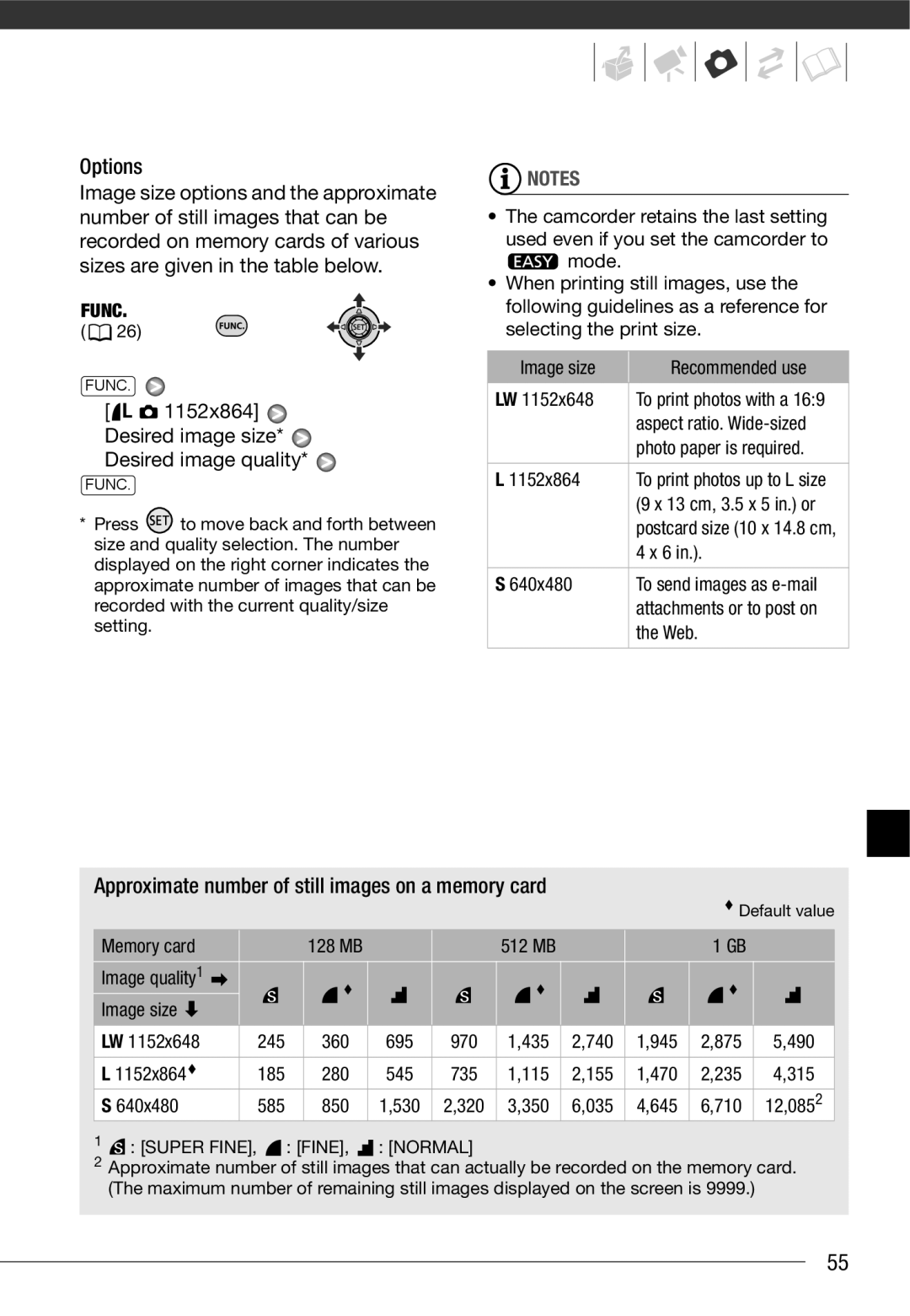 Cannon FS10/FS11/FS100 instruction manual 1152x864 Desired image size* Desired image quality 