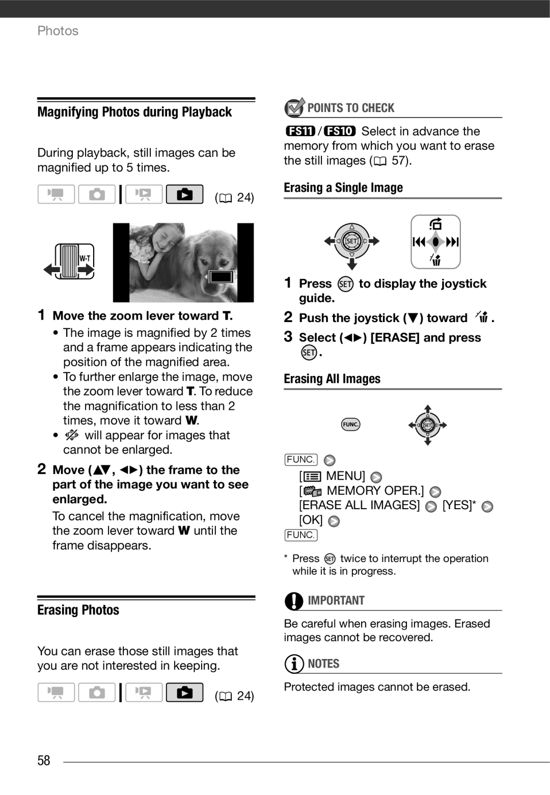 Cannon FS10/FS11/FS100 instruction manual Magnifying Photos during Playback, Erasing Photos, Move the zoom lever toward T 