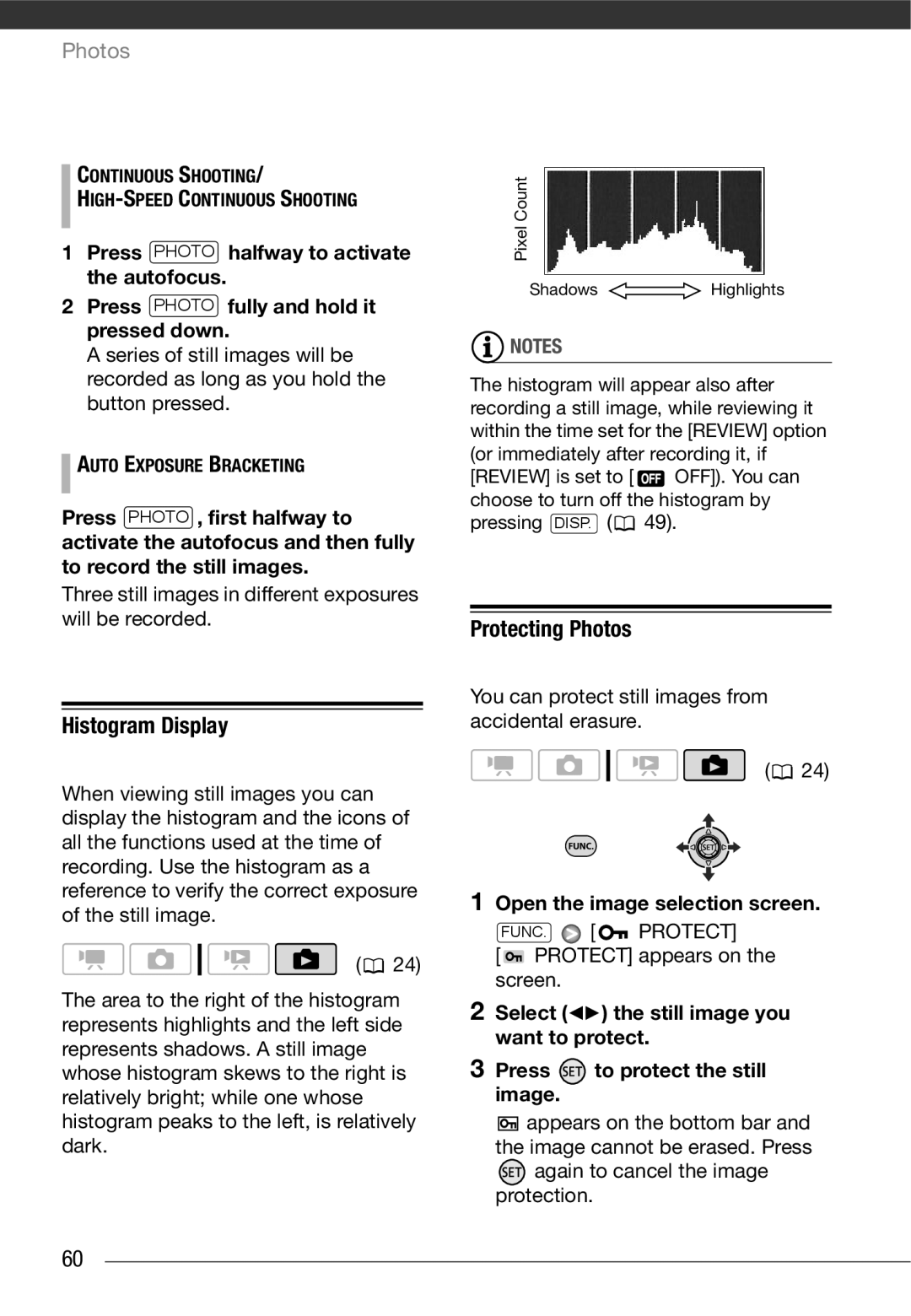 Cannon FS10/FS11/FS100 Histogram Display, Protecting Photos, Open the image selection screen, FUNC. Protect 