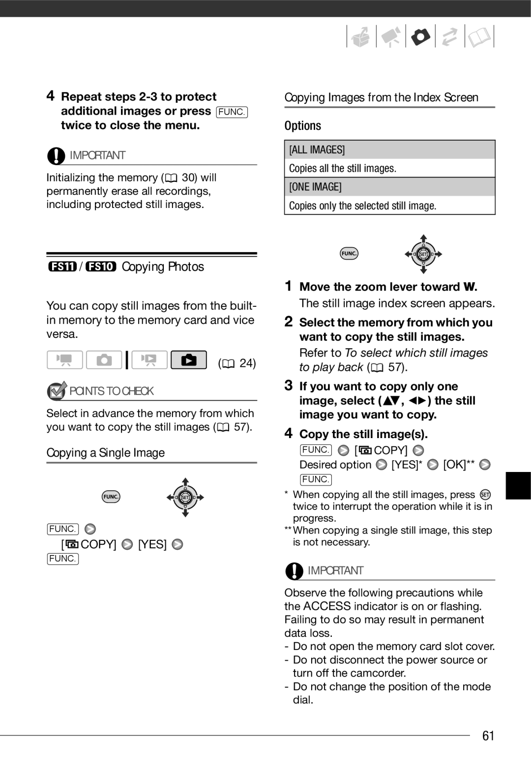 Cannon FS10/FS11/FS100 Copying Photos, Copying Images from the Index Screen, Copying a Single Image, Copy YES 