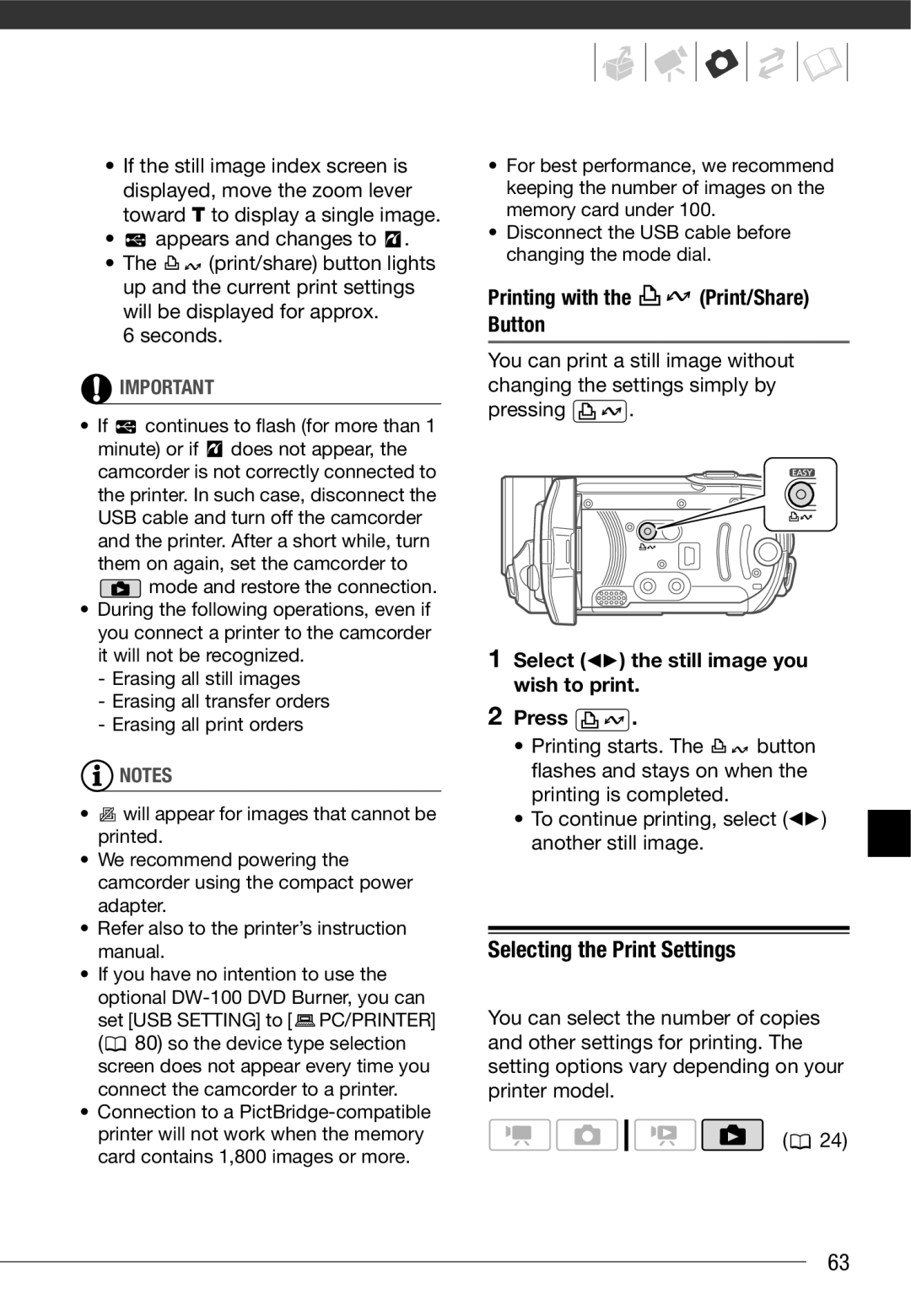 Cannon FS10/FS11/FS100 instruction manual Selecting the Print Settings, Printing with the Print/Share Button 