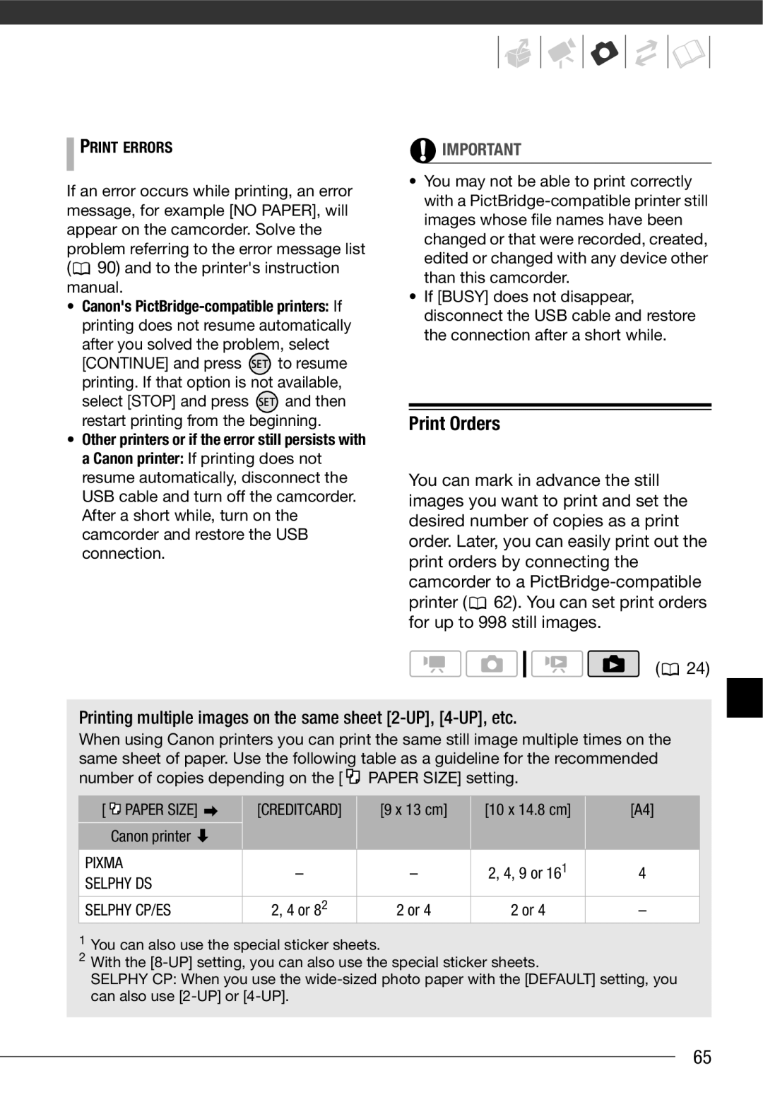 Cannon FS10/FS11/FS100 instruction manual Print Orders, Print Errors 