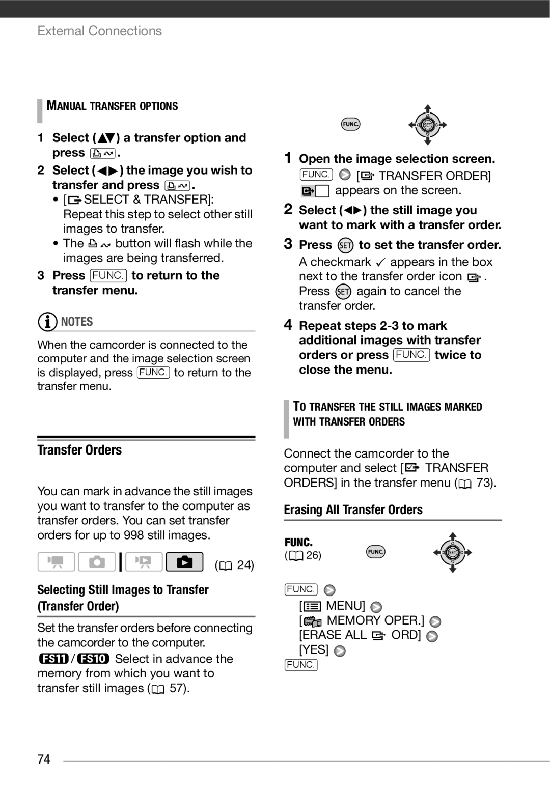 Cannon FS10/FS11/FS100 Transfer Orders, Press FUNC. to return to the transfer menu, Press to set the transfer order 