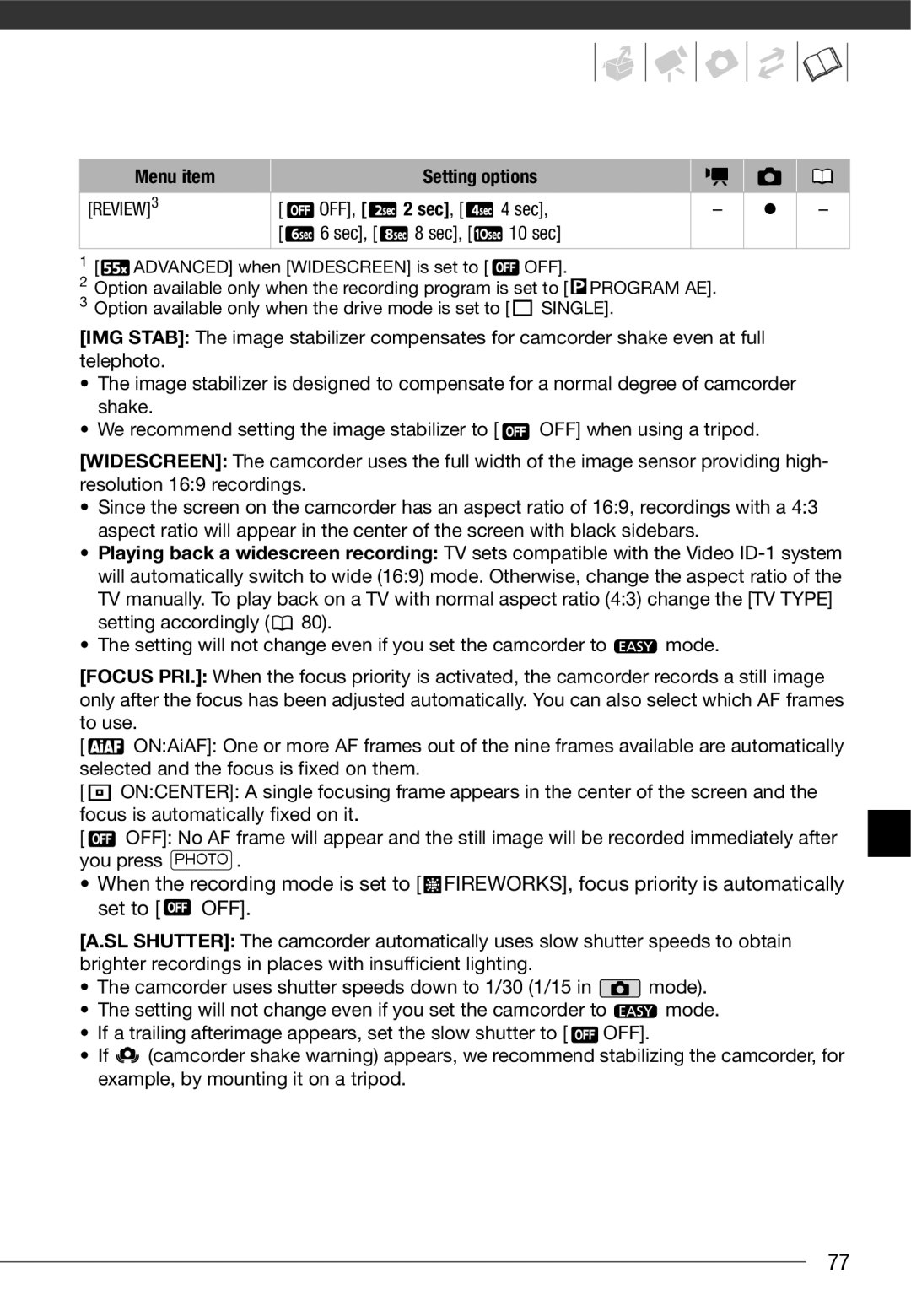 Cannon FS10/FS11/FS100 instruction manual Review, Off, Sec 10 sec 