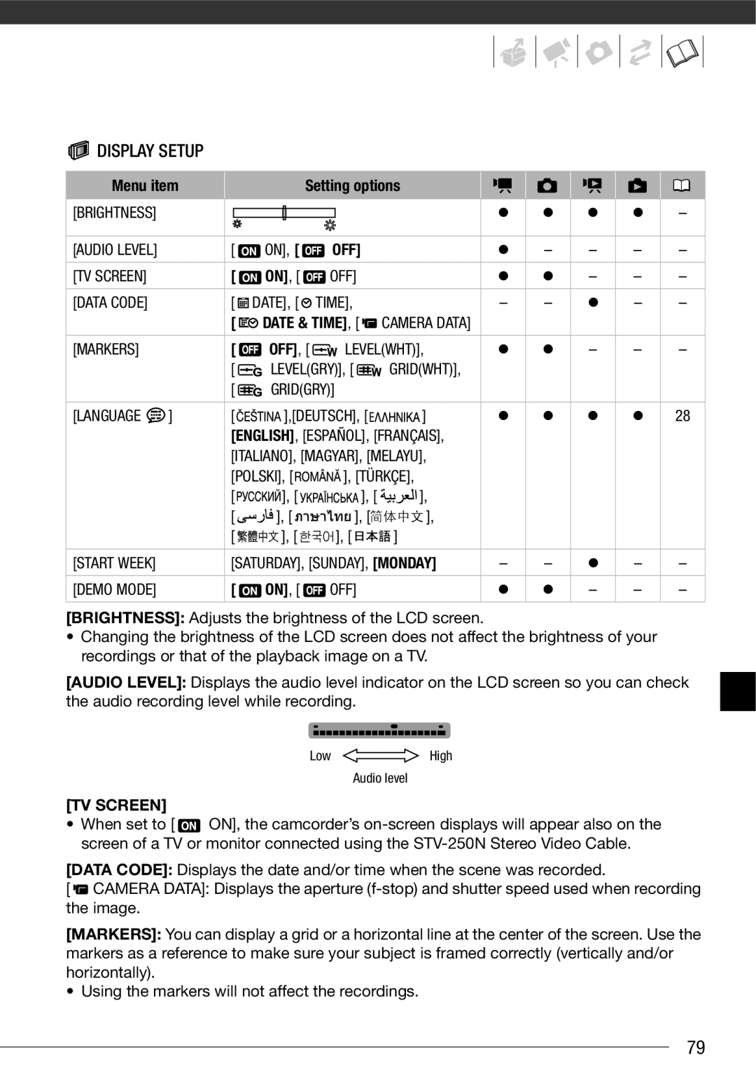 Cannon FS10/FS11/FS100 instruction manual Display Setup, Off, TV Screen 