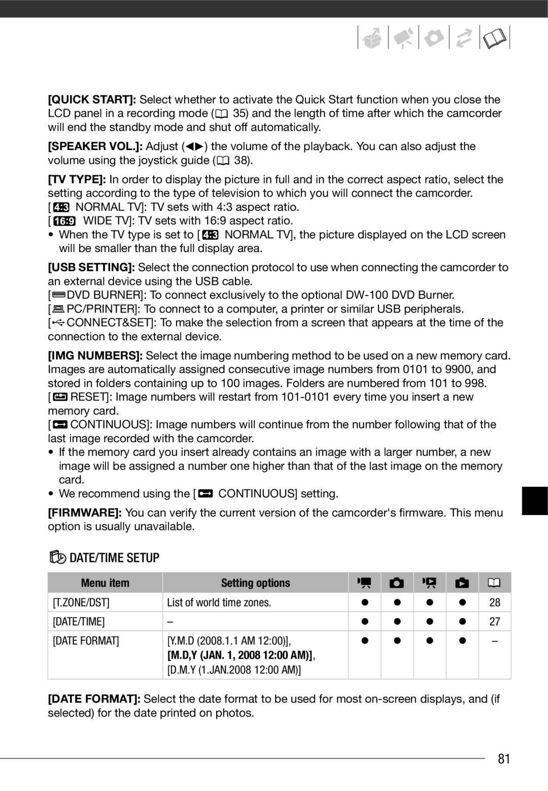 Cannon FS10/FS11/FS100 instruction manual DATE/TIME Setup, Zone/Dst, DATE/TIME Date Format, Y JAN , 2008 1200 AM 