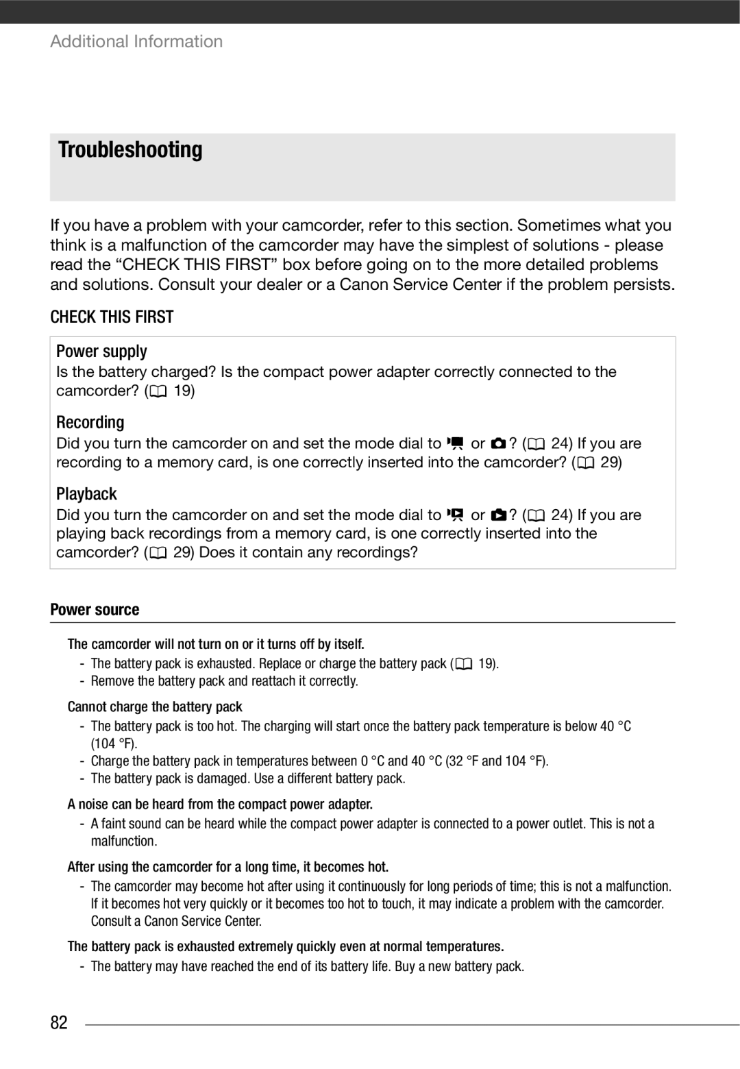 Cannon FS10/FS11/FS100 instruction manual Troubleshooting, Check this First, Power source 