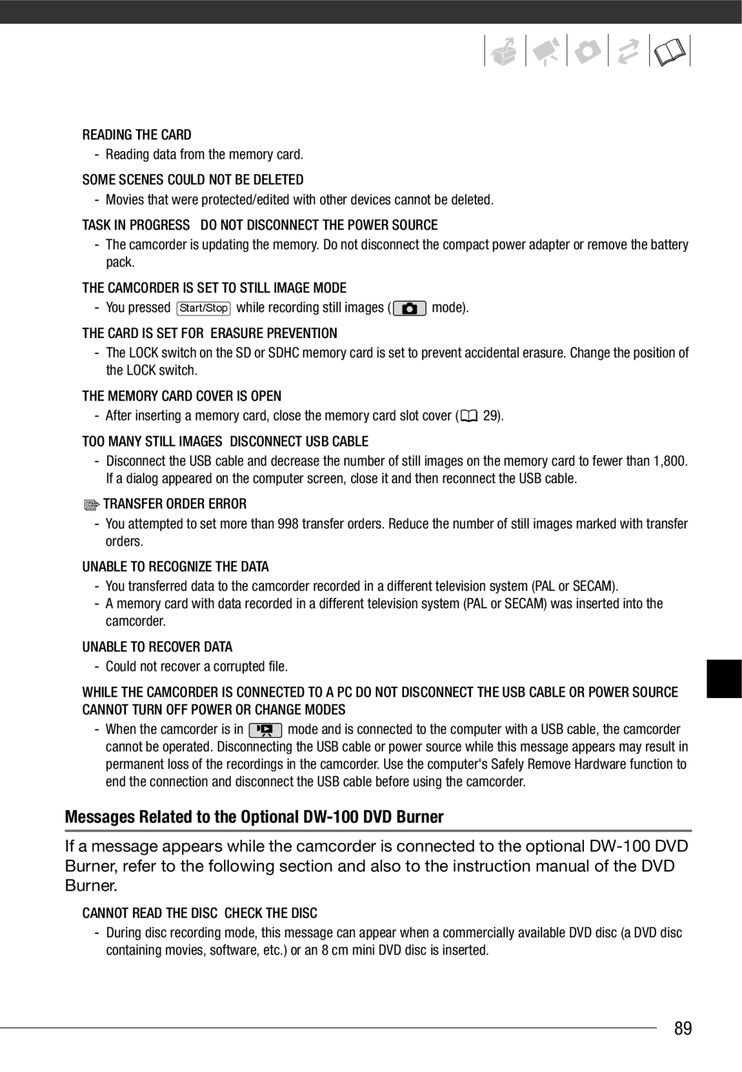 Cannon FS10/FS11/FS100 instruction manual Messages Related to the Optional DW-100 DVD Burner 