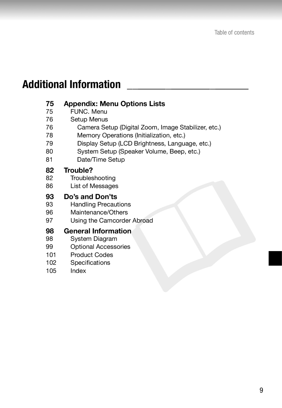 Cannon FS10/FS11/FS100 instruction manual Appendix Menu Options Lists, Trouble?, 93 Do’s and Don’ts, General Information 