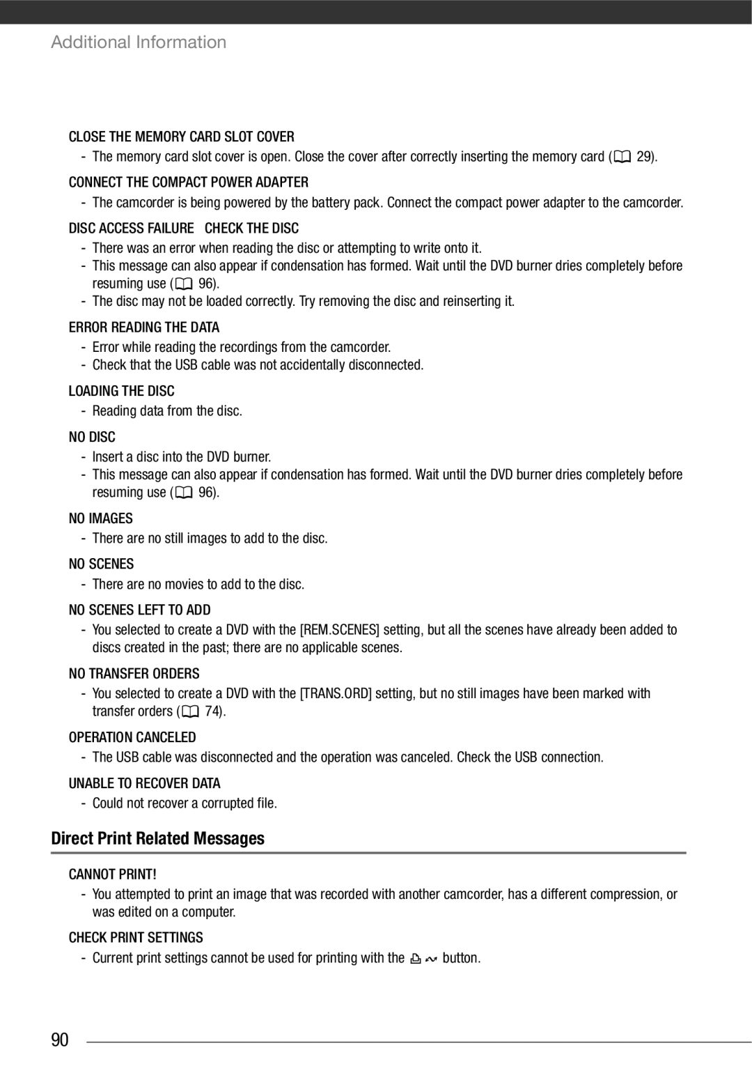 Cannon FS10/FS11/FS100 instruction manual Direct Print Related Messages 