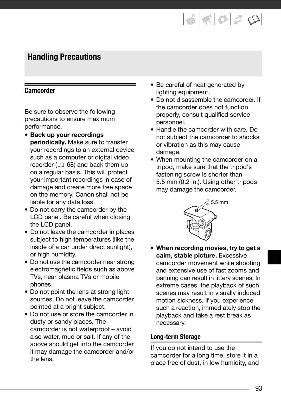 Cannon FS10/FS11/FS100 instruction manual Handling Precautions, Camcorder 