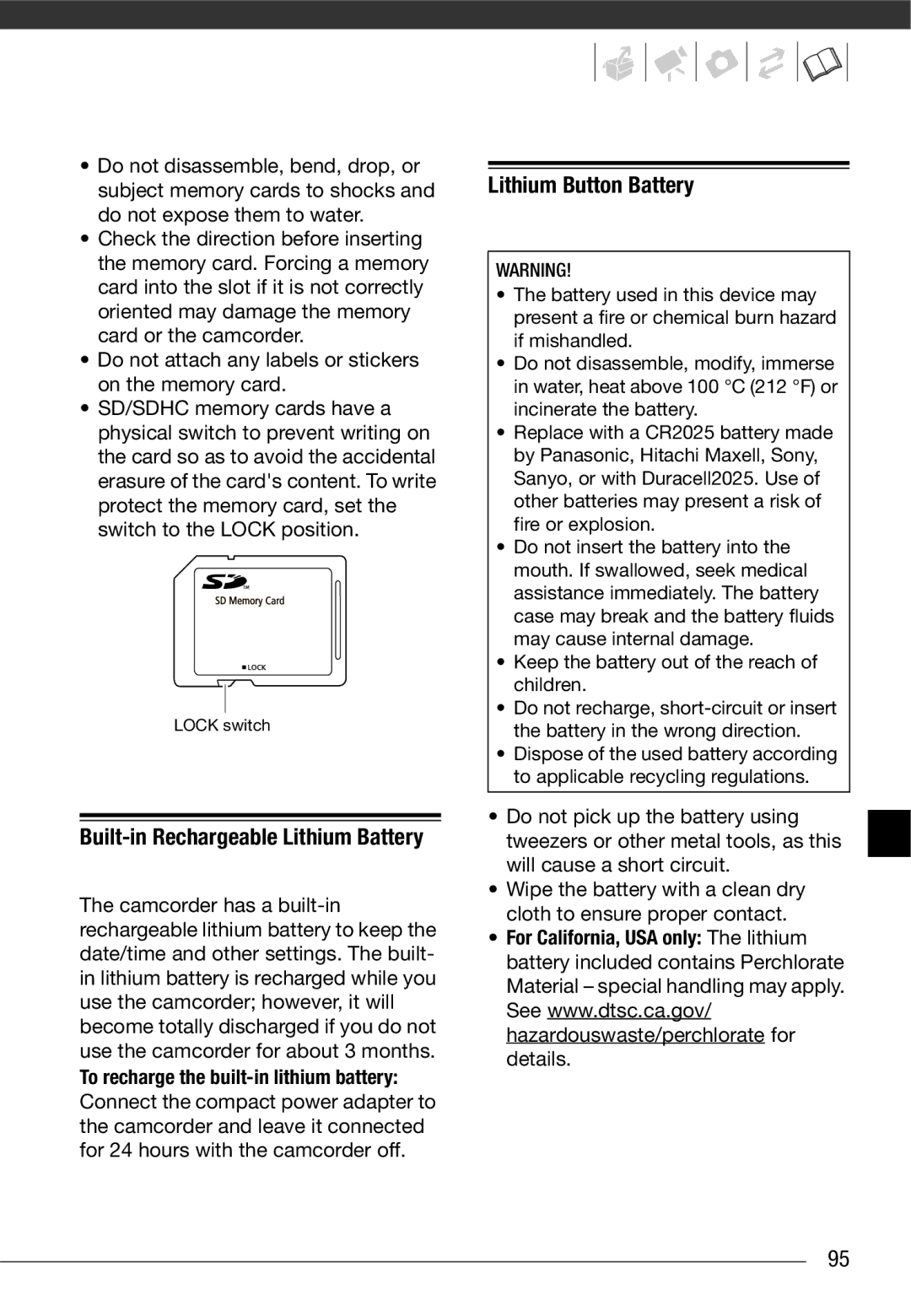 Cannon FS10/FS11/FS100 instruction manual Built-in Rechargeable Lithium Battery, Lithium Button Battery 