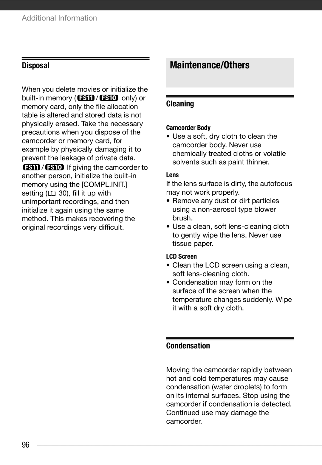 Cannon FS10/FS11/FS100 instruction manual Maintenance/Others, Disposal, Cleaning, Condensation 